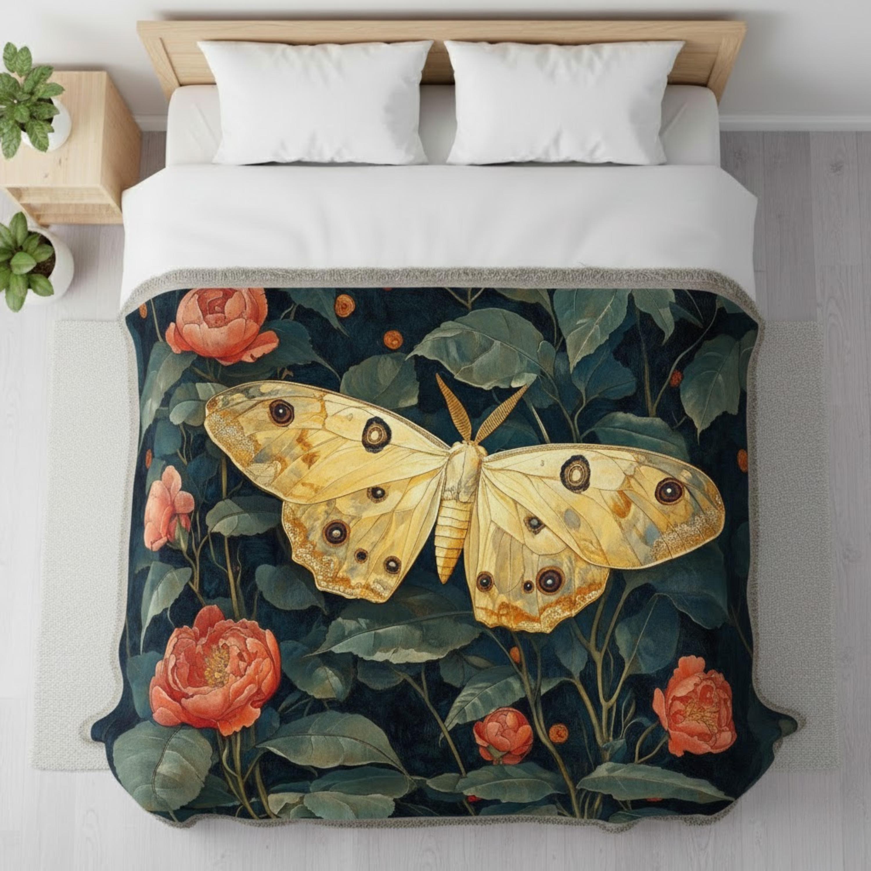Golden Moth Floral Woven Blanket, Vintage Garden Throw, Botanical Boho Tapestry, Elegant Nature Blanket Gift, Moody Home Decor Accent