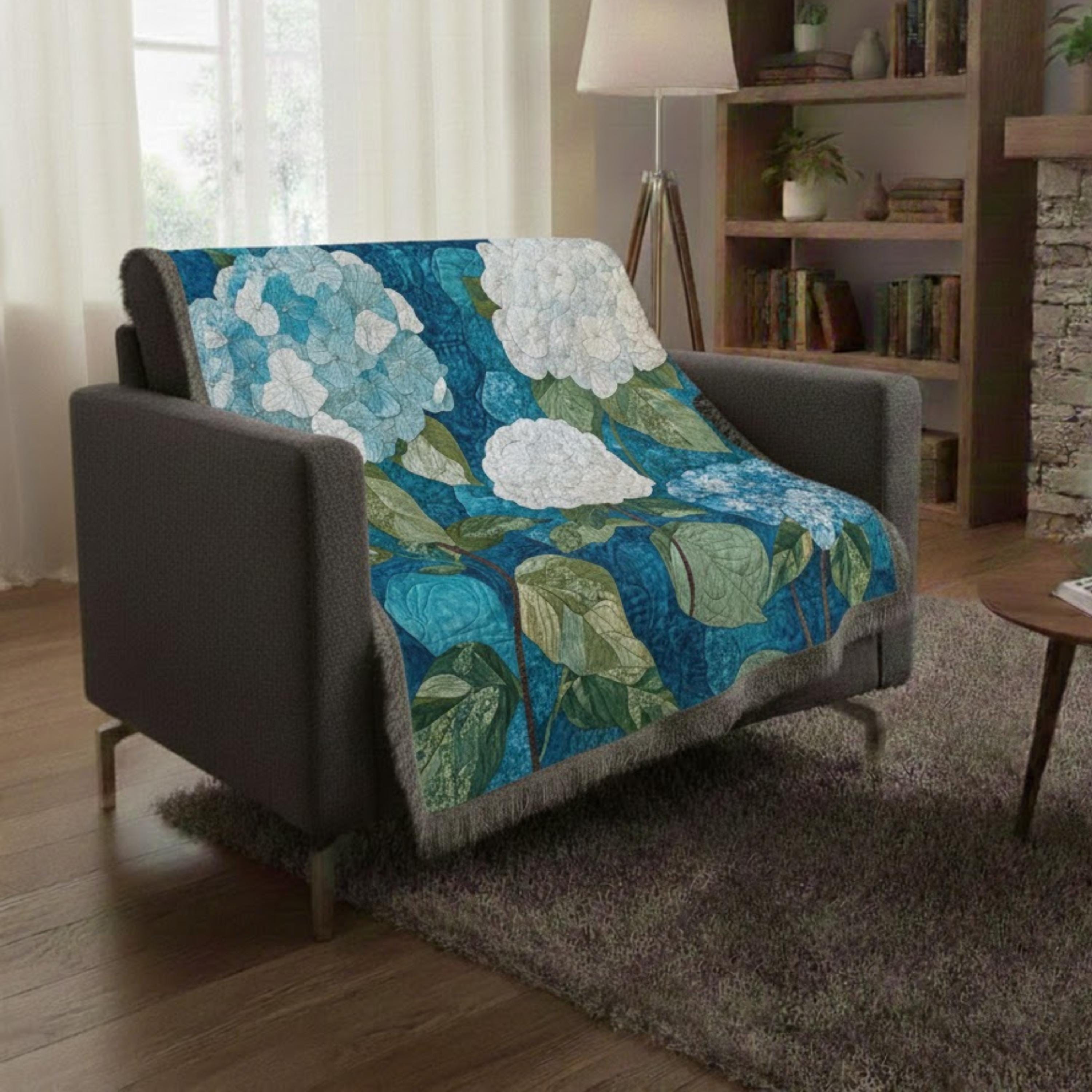 Hydrangea Woven Blanket, Blue Floral Throw, Botanical Tapestry Wall Hanging, Cozy Sofa Blanket Gift, Garden Bloom Decor Accent