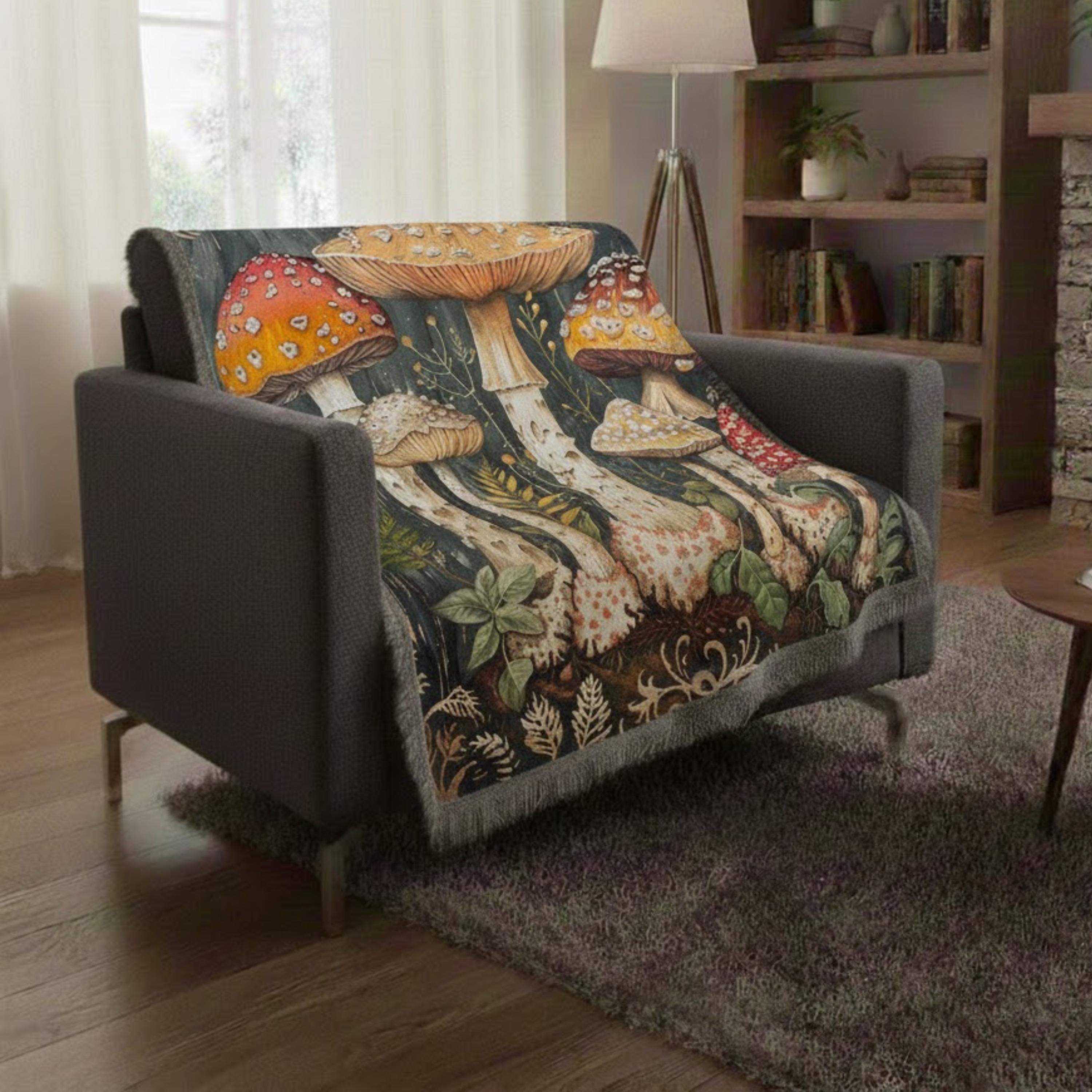 Mushroom Woven Blanket, Woodland Fungi Throw, Rustic Tapestry Wall Hanging, Cozy Sofa Blanket Gift, Forest Botanical Decor Accent