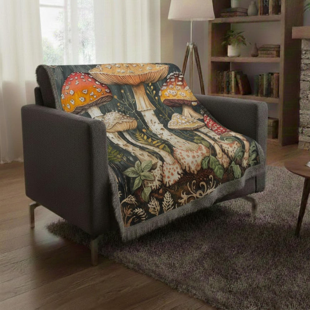 Mushroom Woven Blanket, Woodland Fungi Throw, Rustic Tapestry Wall Hanging, Cozy Sofa Blanket Gift, Forest Botanical Decor Accent