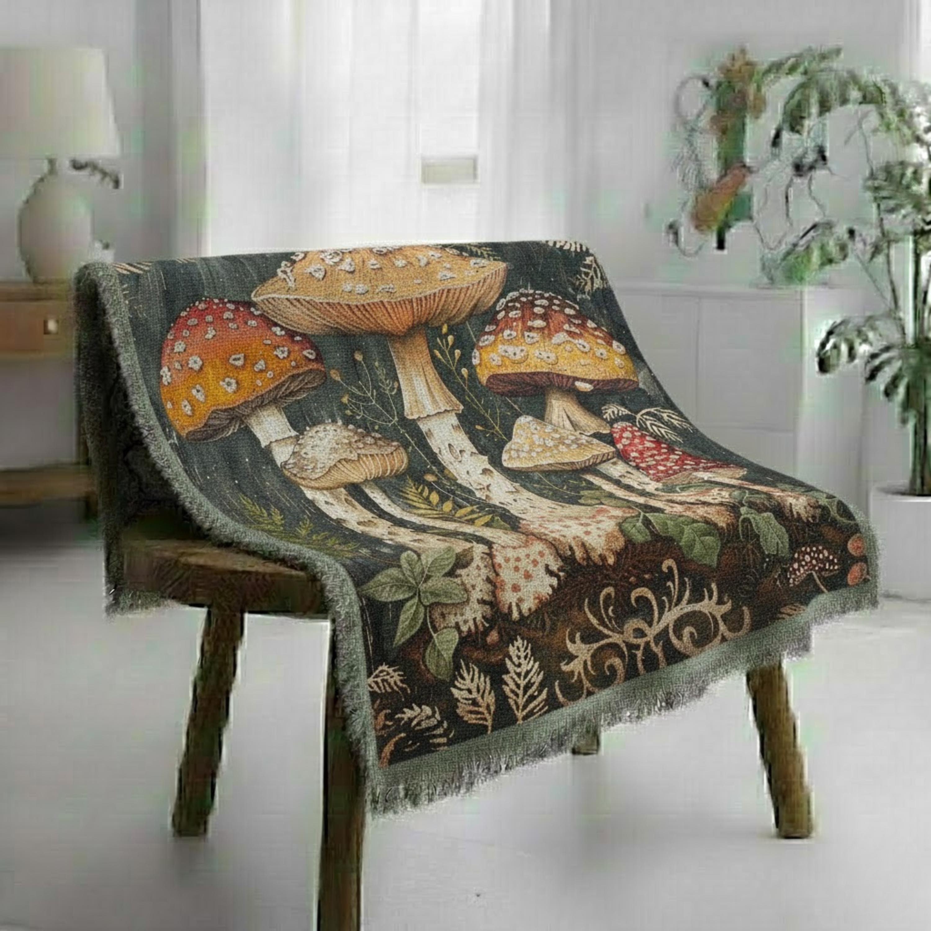 Mushroom Woven Blanket, Woodland Fungi Throw, Rustic Tapestry Wall Hanging, Cozy Sofa Blanket Gift, Forest Botanical Decor Accent