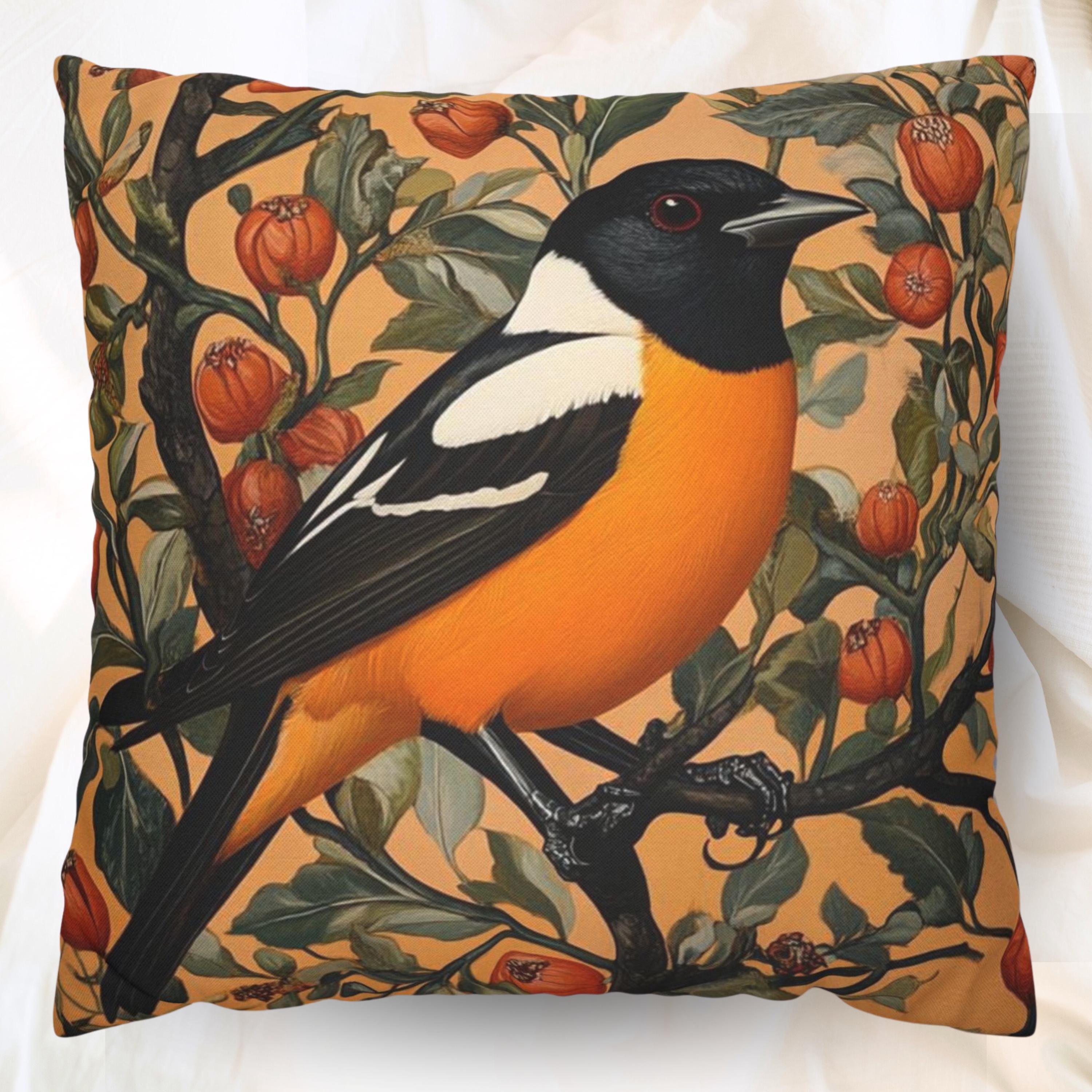 William Morris Oriole Pillow, Vintage Bird Pillow, Botanical Throw Pillow for Living Room, Nature-Inspired Accent Pillow, Bird Throw Cushion