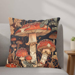 Red Mushroom Forest Pillow, William Morris Botanical Cushion, Whimsical Nature Throw Pillow, Woodland Home Accent, Autumn Pillowcase Gift