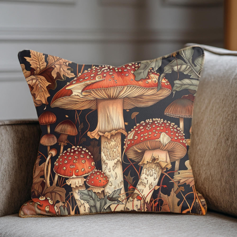 Red Mushroom Forest Pillow, William Morris Botanical Cushion, Whimsical Nature Throw Pillow, Woodland Home Accent, Autumn Pillowcase Gift