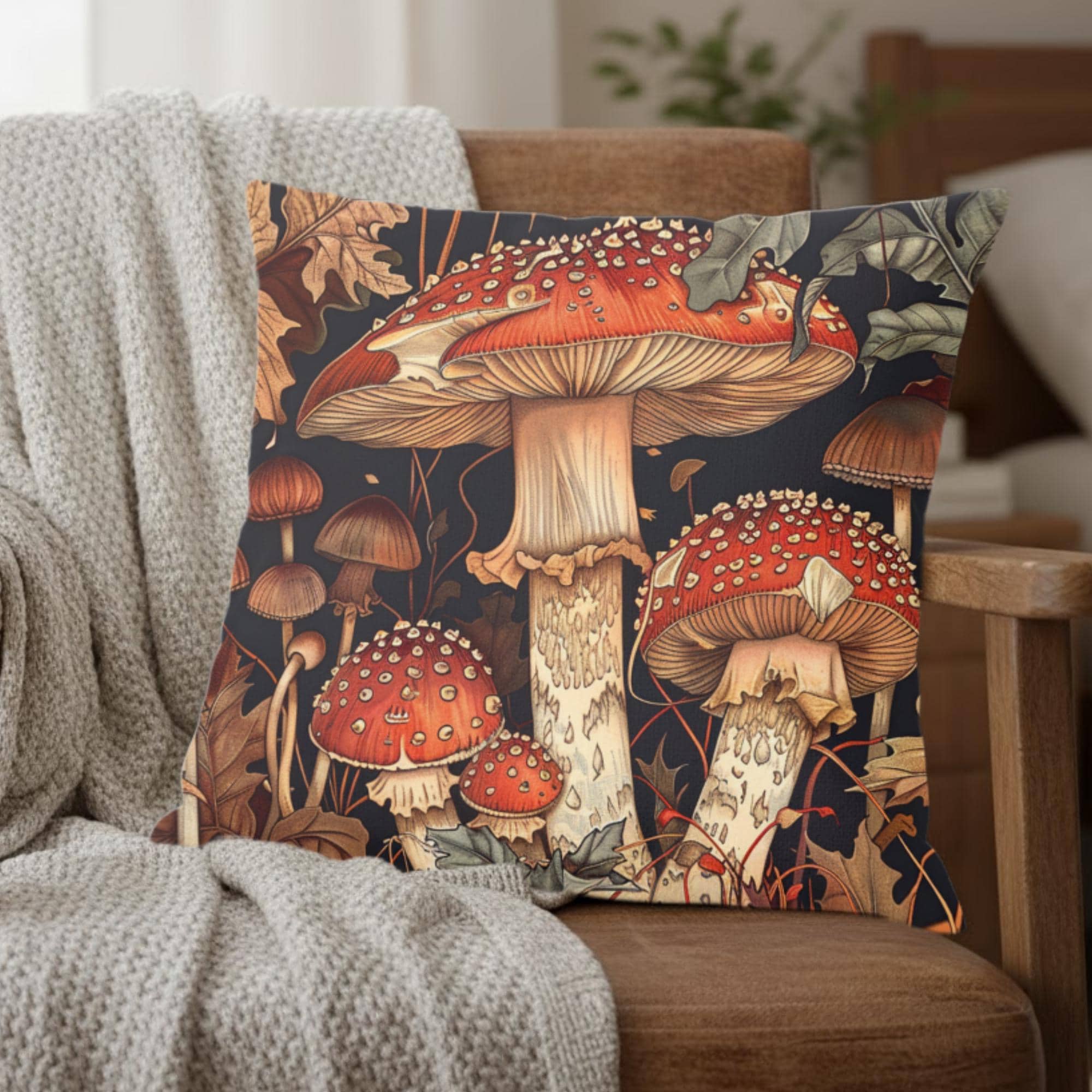 Red Mushroom Forest Pillow, William Morris Botanical Cushion, Whimsical Nature Throw Pillow, Woodland Home Accent, Autumn Pillowcase Gift