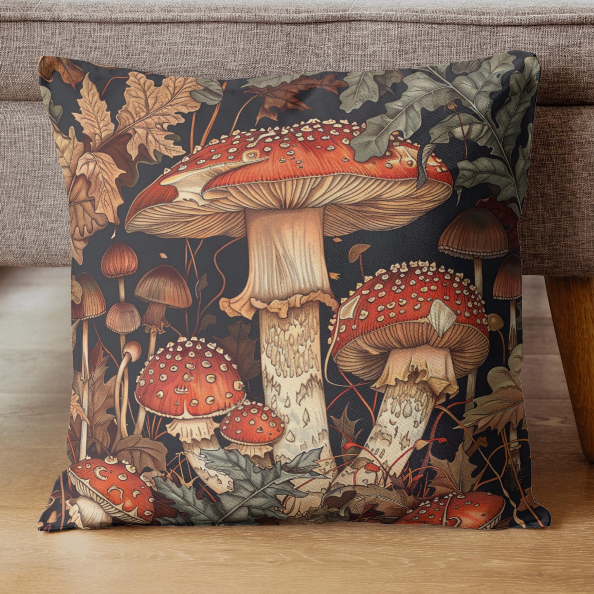 Red Mushroom Forest Pillow, William Morris Botanical Cushion, Whimsical Nature Throw Pillow, Woodland Home Accent, Autumn Pillowcase Gift