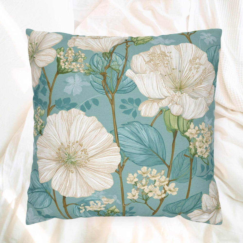 White Floral Pillow, Teal Botanical Cushion, Minimalist Garden Throw Pillow, Delicate Bloom Decor, Light Spring Nature Accent