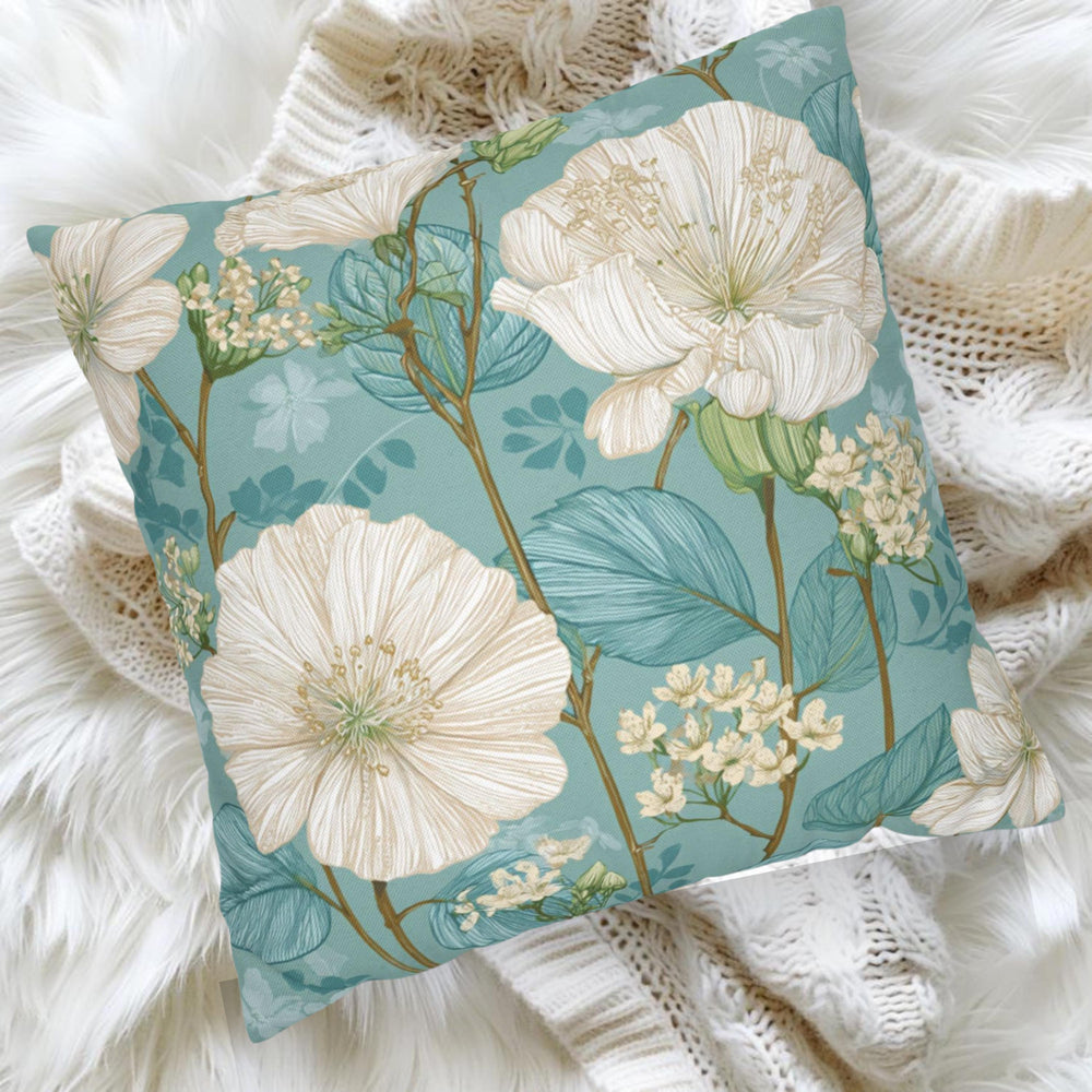 White Floral Pillow, Teal Botanical Cushion, Minimalist Garden Throw Pillow, Delicate Bloom Decor, Light Spring Nature Accent