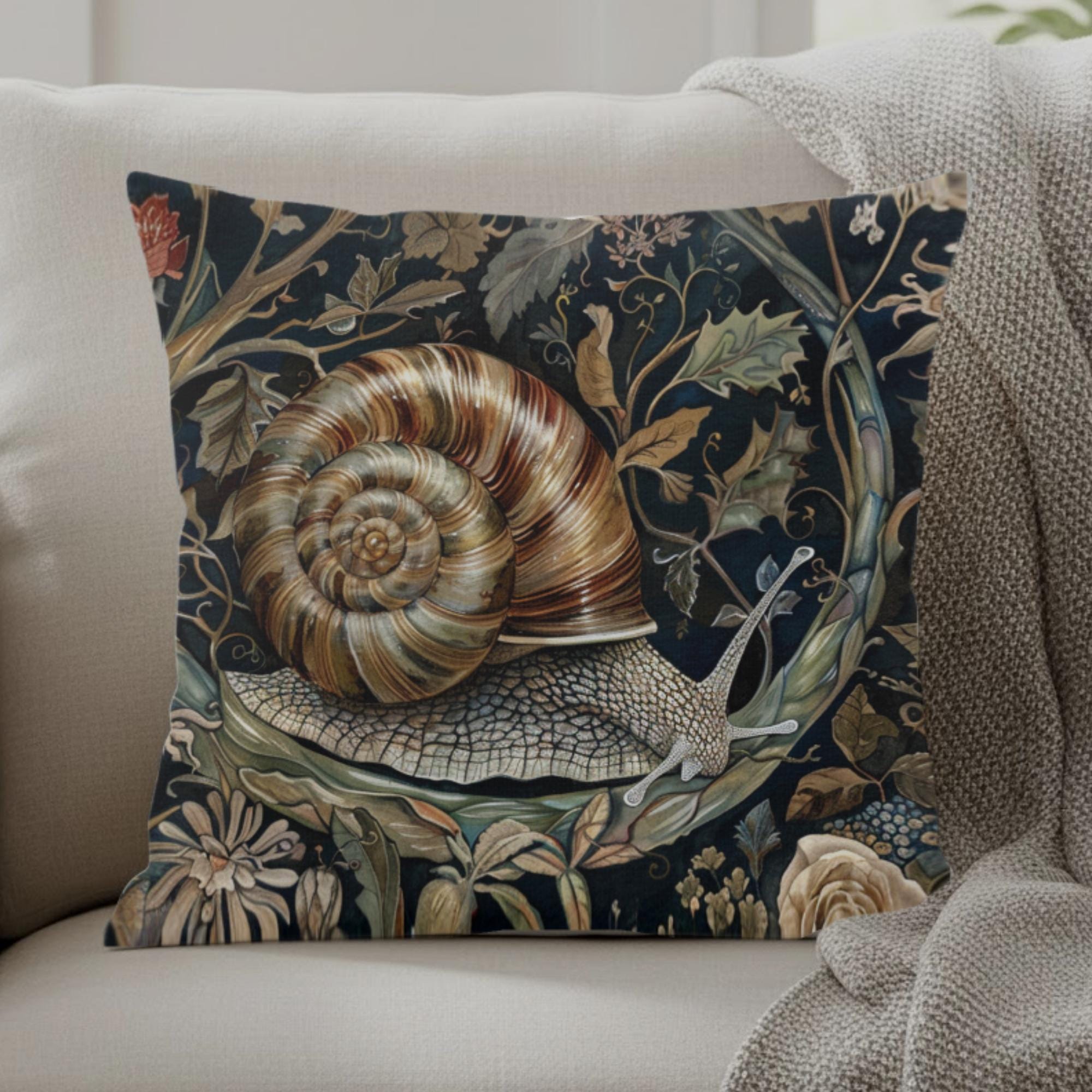 Woodland Snail Pillow, William Morris Inspired Botanical Cushion, Nature Throw Pillow, Rustic Forest Couch Accent, Vintage Snail Pillowcase