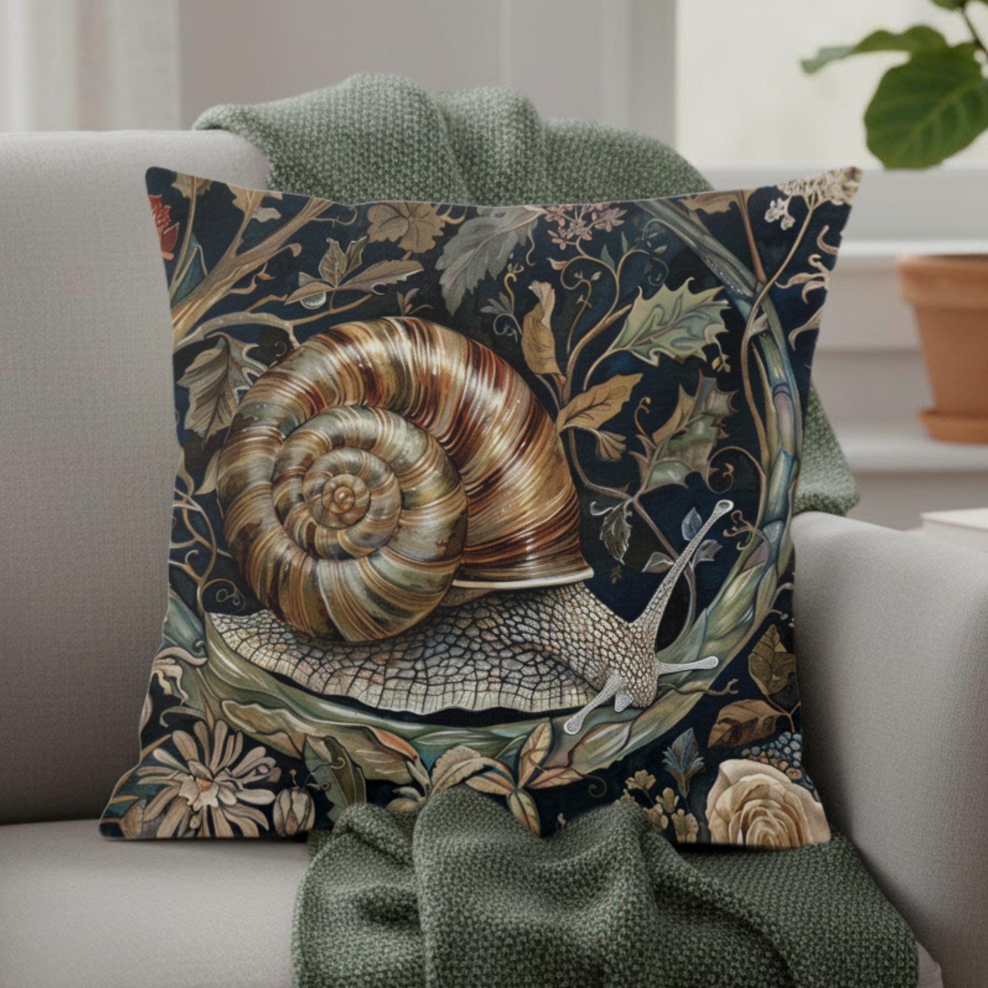 Woodland Snail Pillow, William Morris Inspired Botanical Cushion, Nature Throw Pillow, Rustic Forest Couch Accent, Vintage Snail Pillowcase