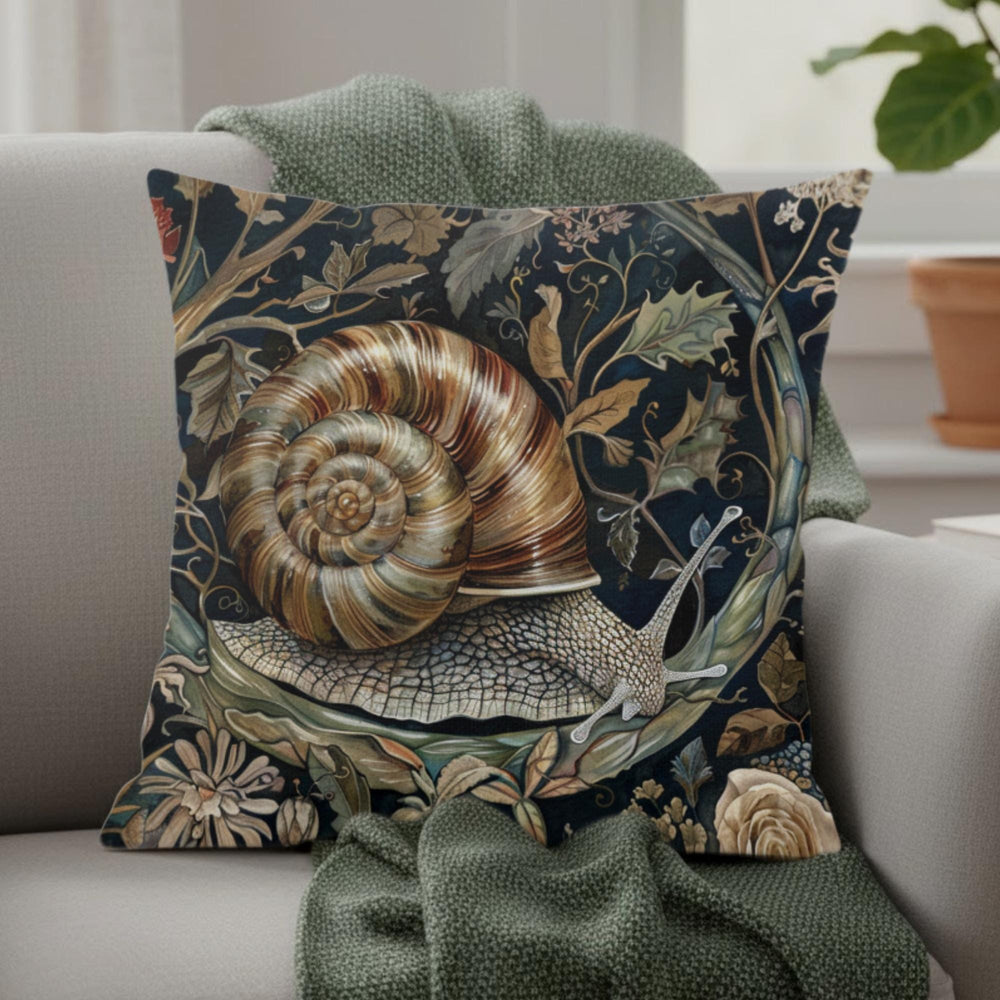 Woodland Snail Pillow, William Morris Inspired Botanical Cushion, Nature Throw Pillow, Rustic Forest Couch Accent, Vintage Snail Pillowcase