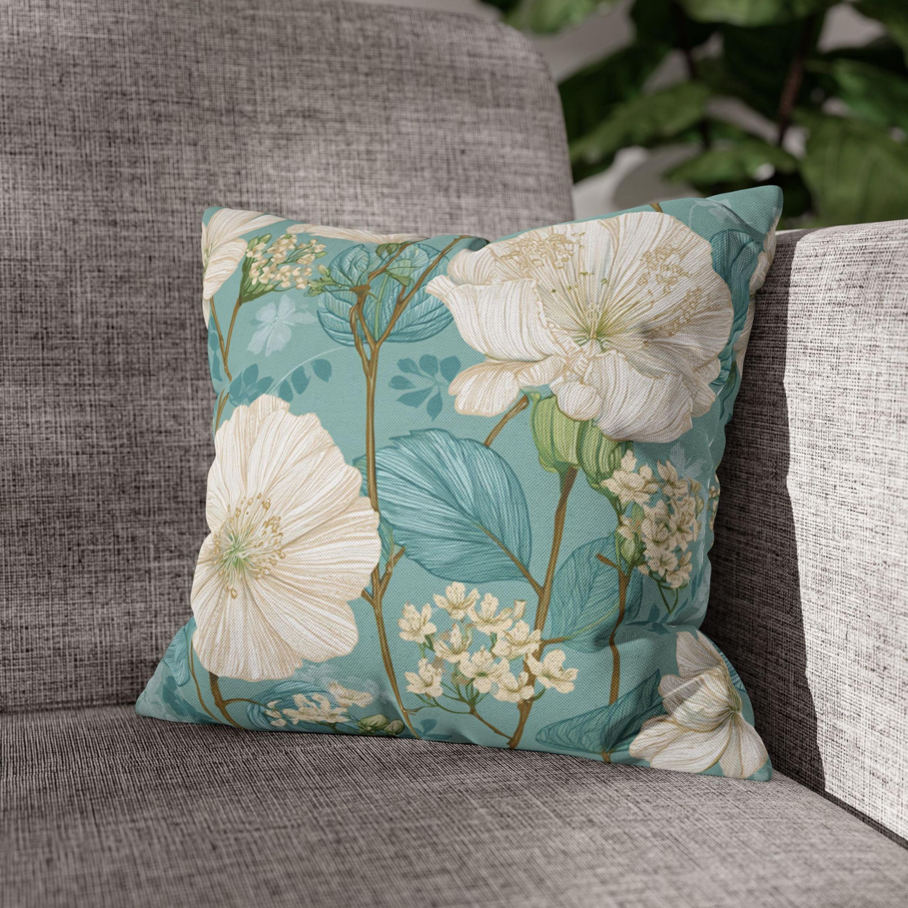 White Floral Pillow, Teal Botanical Cushion, Minimalist Garden Throw Pillow, Delicate Bloom Decor, Light Spring Nature Accent