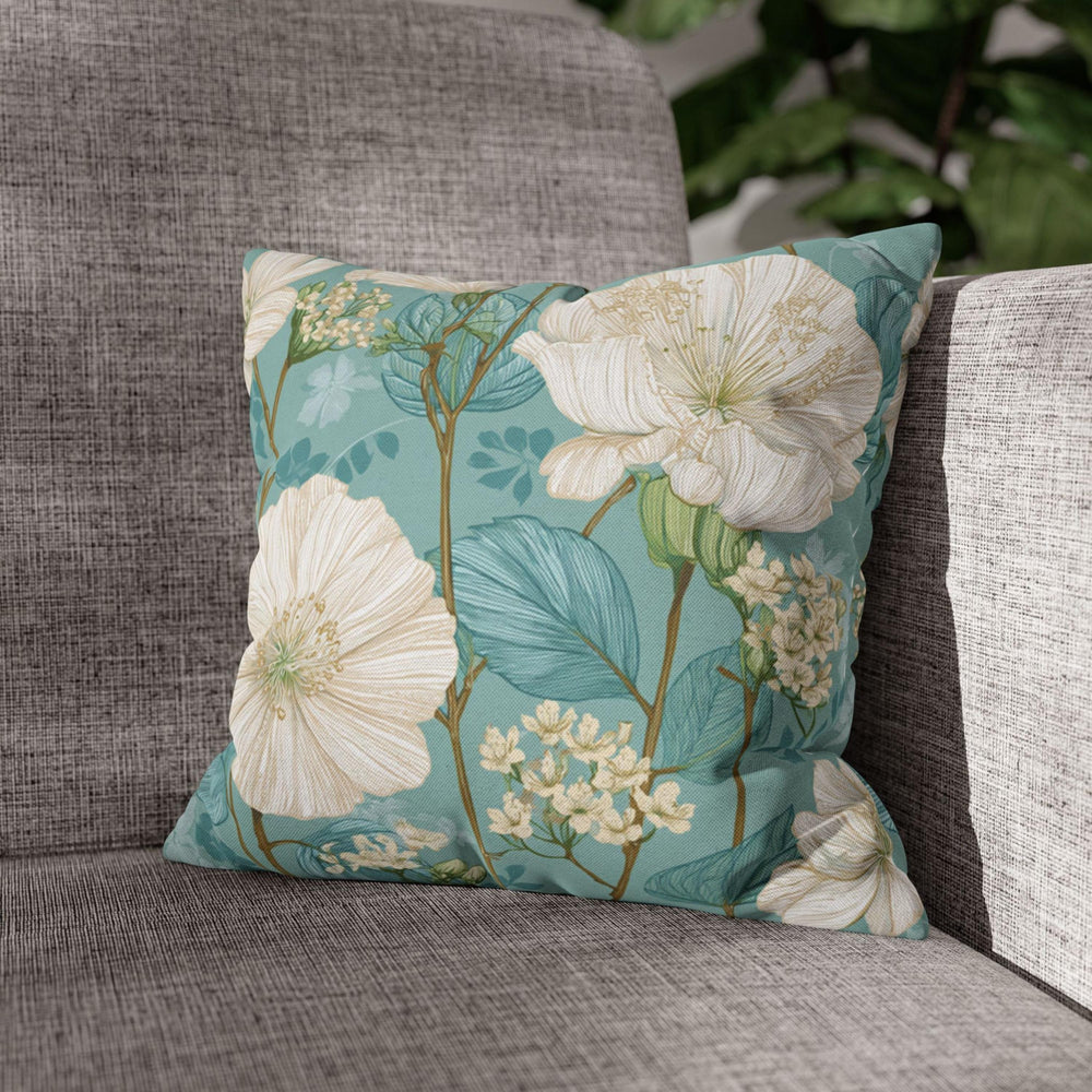 White Floral Pillow, Teal Botanical Cushion, Minimalist Garden Throw Pillow, Delicate Bloom Decor, Light Spring Nature Accent