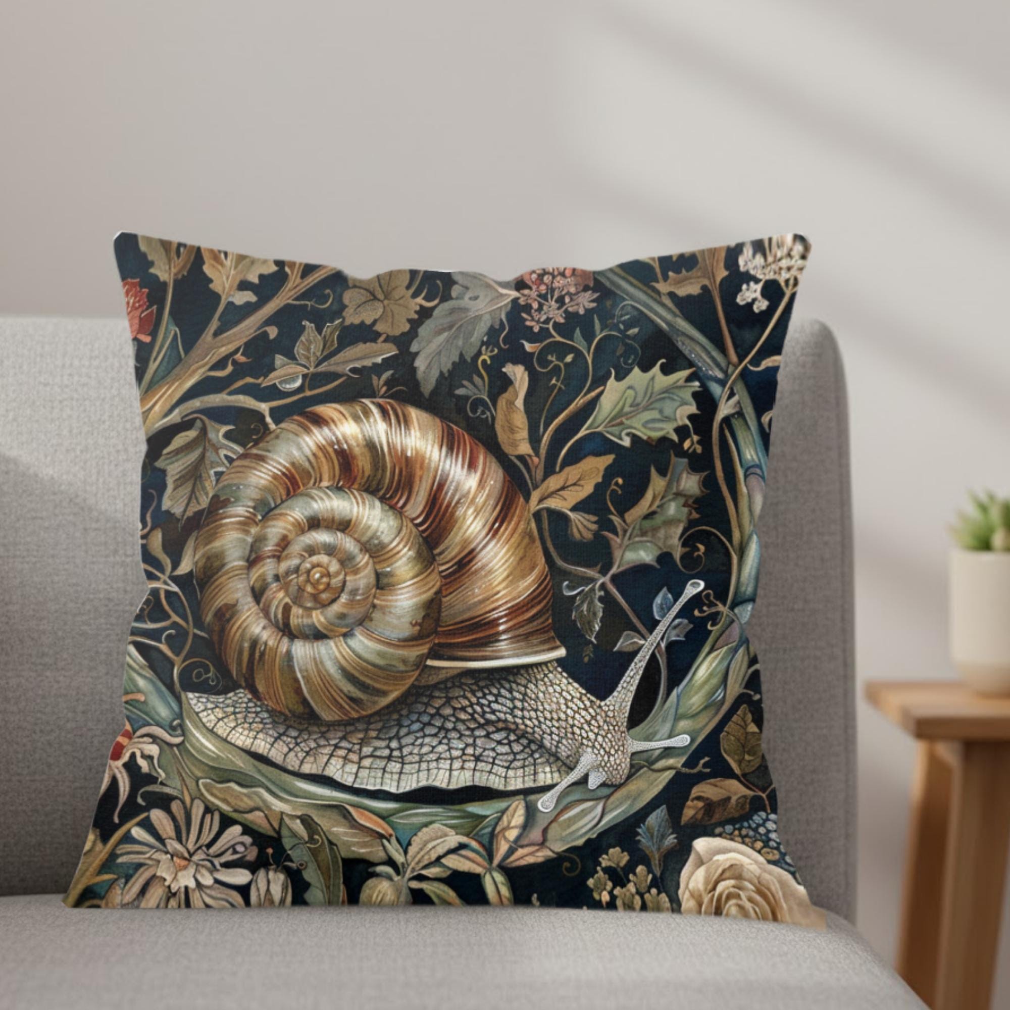 Woodland Snail Pillow, William Morris Inspired Botanical Cushion, Nature Throw Pillow, Rustic Forest Couch Accent, Vintage Snail Pillowcase