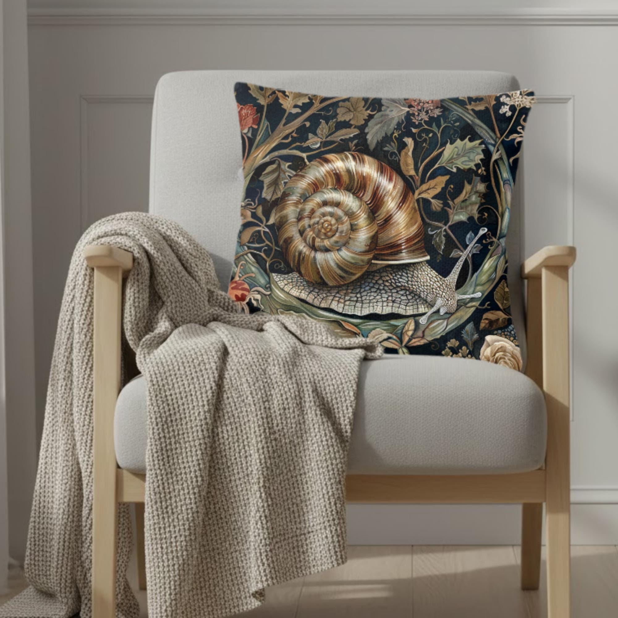 Woodland Snail Pillow, William Morris Inspired Botanical Cushion, Nature Throw Pillow, Rustic Forest Couch Accent, Vintage Snail Pillowcase