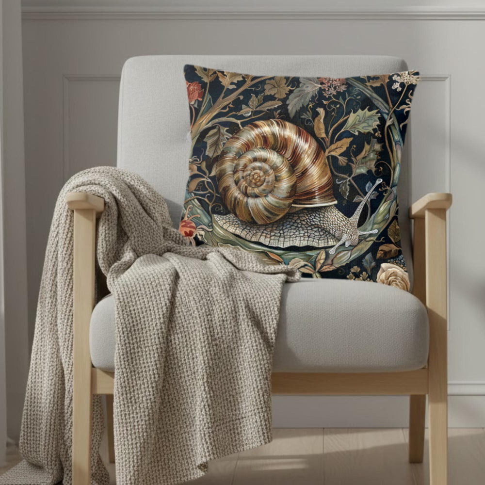 Woodland Snail Pillow, William Morris Inspired Botanical Cushion, Nature Throw Pillow, Rustic Forest Couch Accent, Vintage Snail Pillowcase