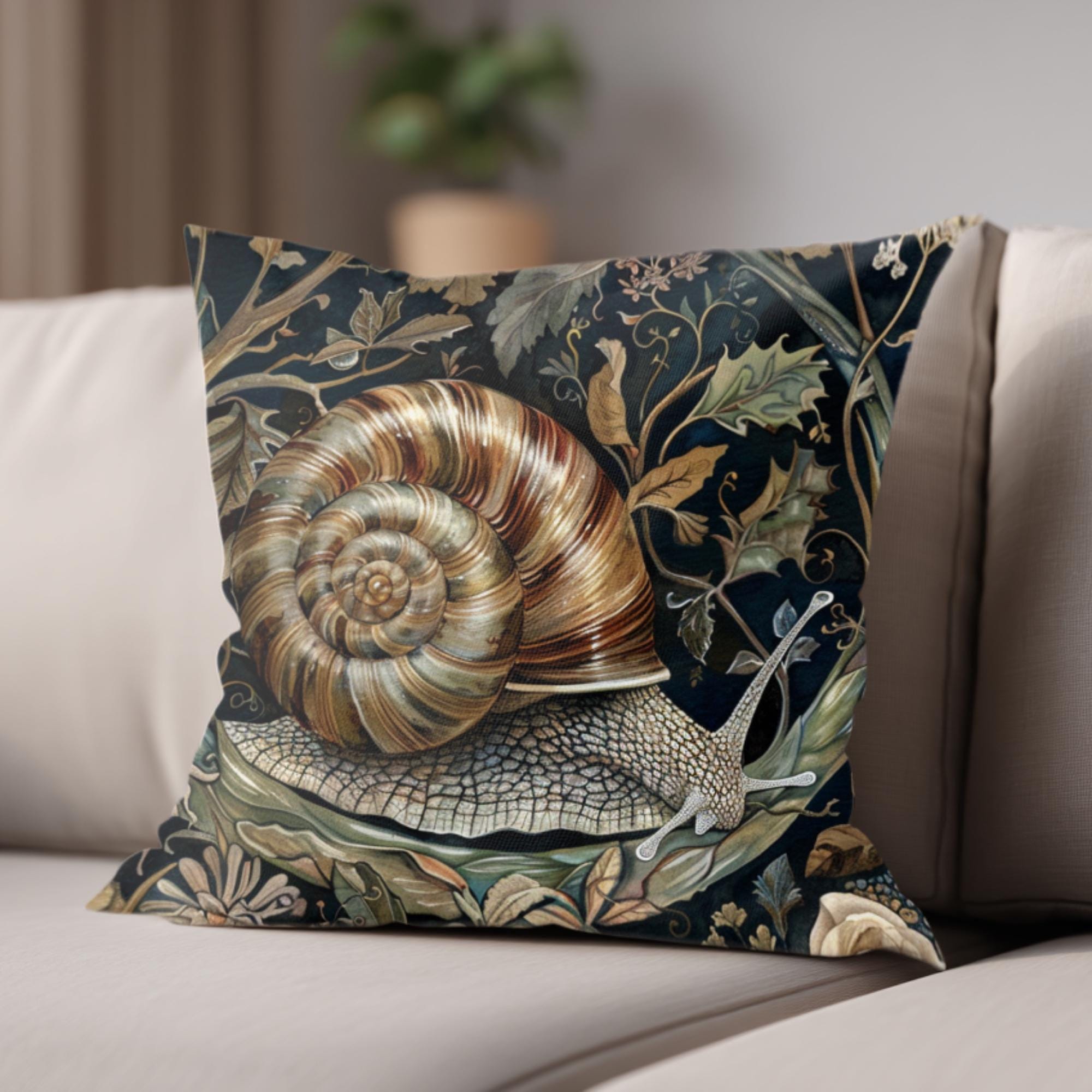 Woodland Snail Pillow, William Morris Inspired Botanical Cushion, Nature Throw Pillow, Rustic Forest Couch Accent, Vintage Snail Pillowcase
