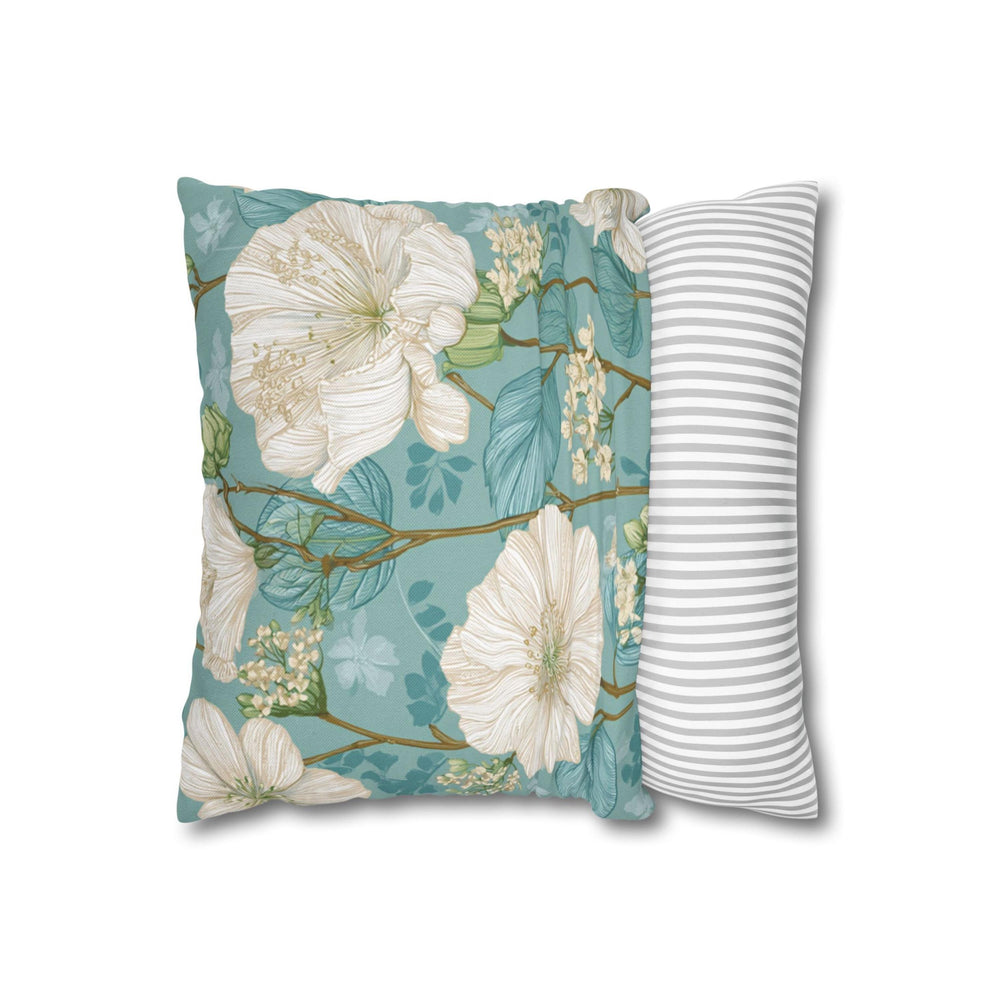 White Floral Pillow, Teal Botanical Cushion, Minimalist Garden Throw Pillow, Delicate Bloom Decor, Light Spring Nature Accent