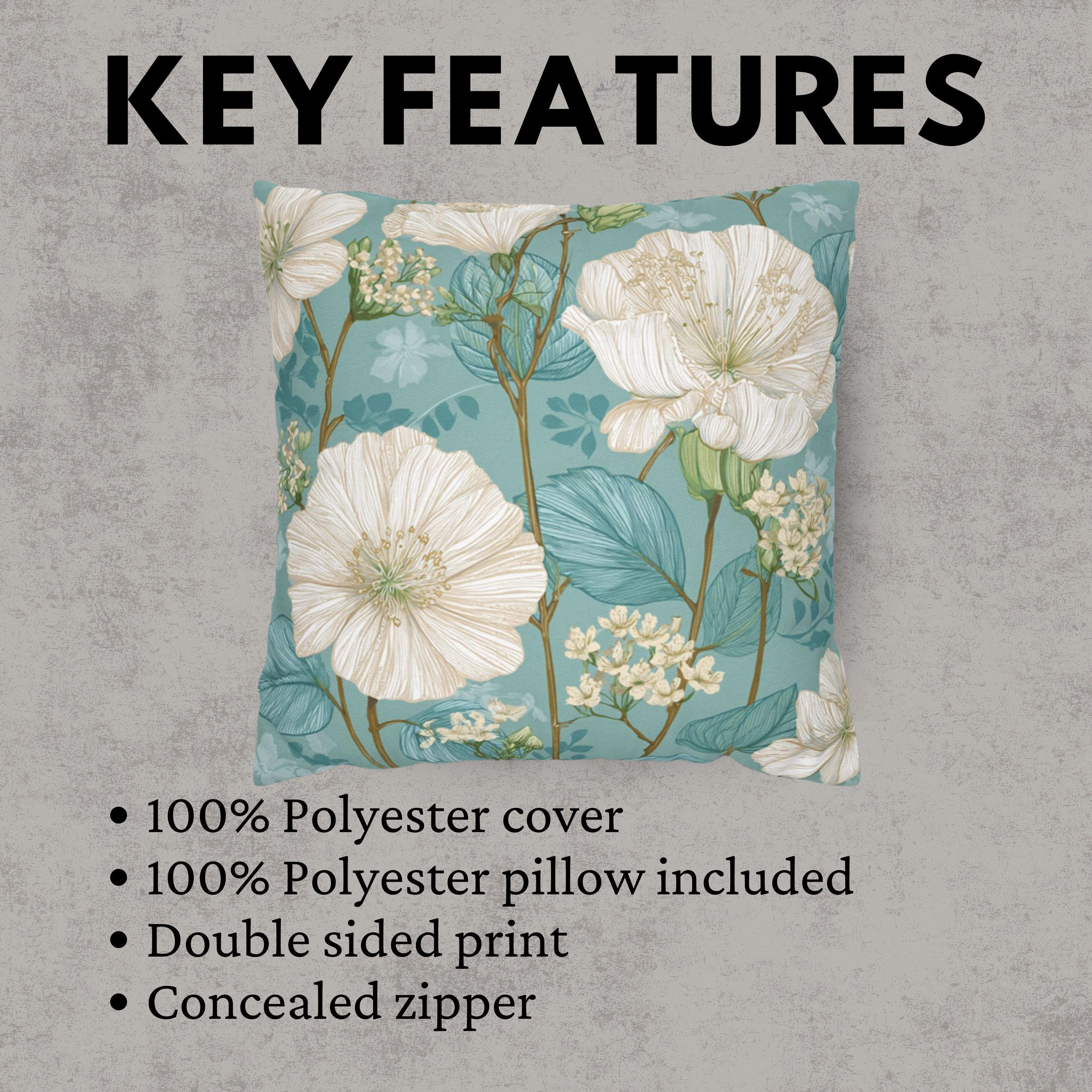 White Floral Pillow, Teal Botanical Cushion, Minimalist Garden Throw Pillow, Delicate Bloom Decor, Light Spring Nature Accent