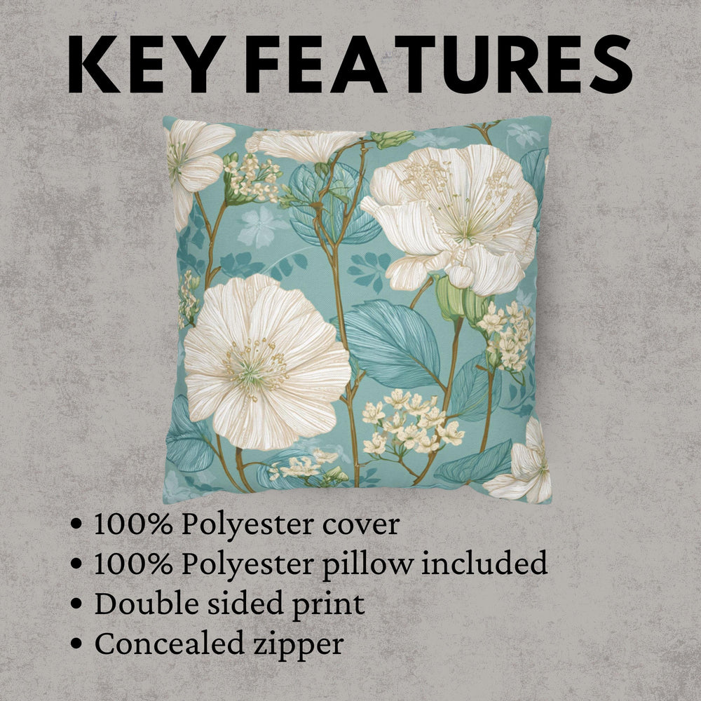 White Floral Pillow, Teal Botanical Cushion, Minimalist Garden Throw Pillow, Delicate Bloom Decor, Light Spring Nature Accent