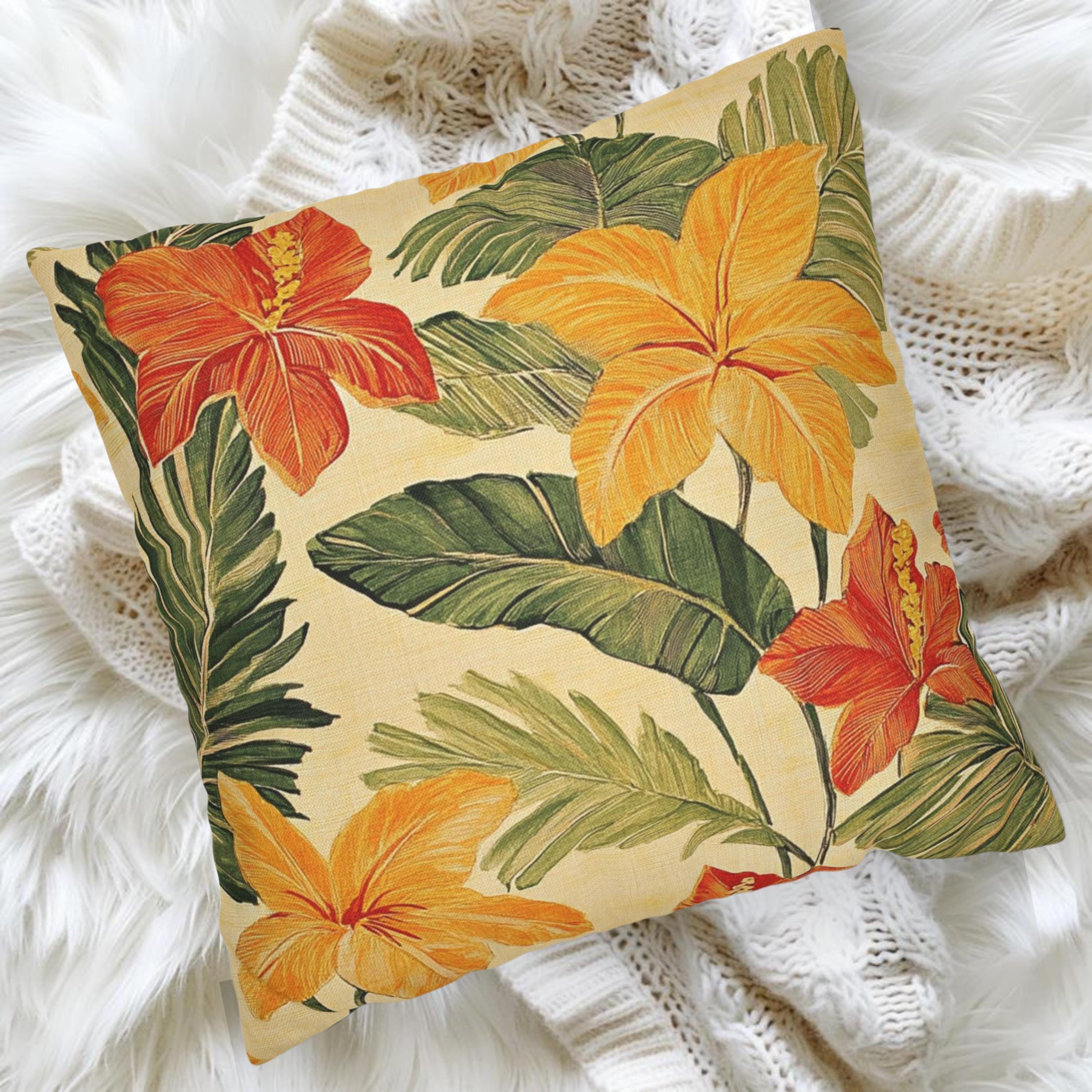 Bold Tropical Floral Pillow, Hibiscus Cushion Cover, Vibrant Jungle Throw Pillow, Island Leaf Home Decor, Warm Beach Accent