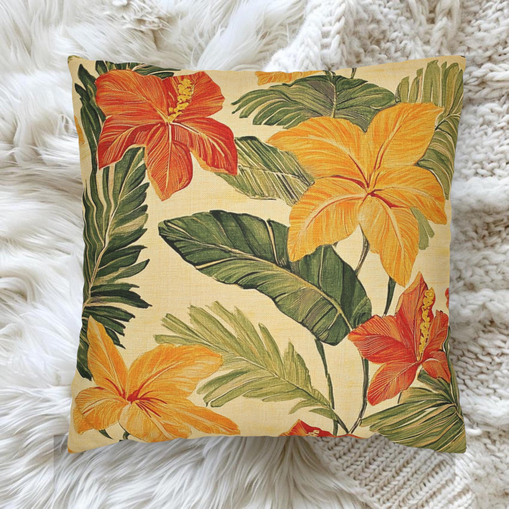 Bold Tropical Floral Pillow, Hibiscus Cushion Cover, Vibrant Jungle Throw Pillow, Island Leaf Home Decor, Warm Beach Accent