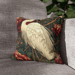White Egret Peony Pillow, Vintage Botanical Cushion, Art Nouveau Bird Throw Pillow, Floral Pillowcase, Elegant Nature Couch Accent