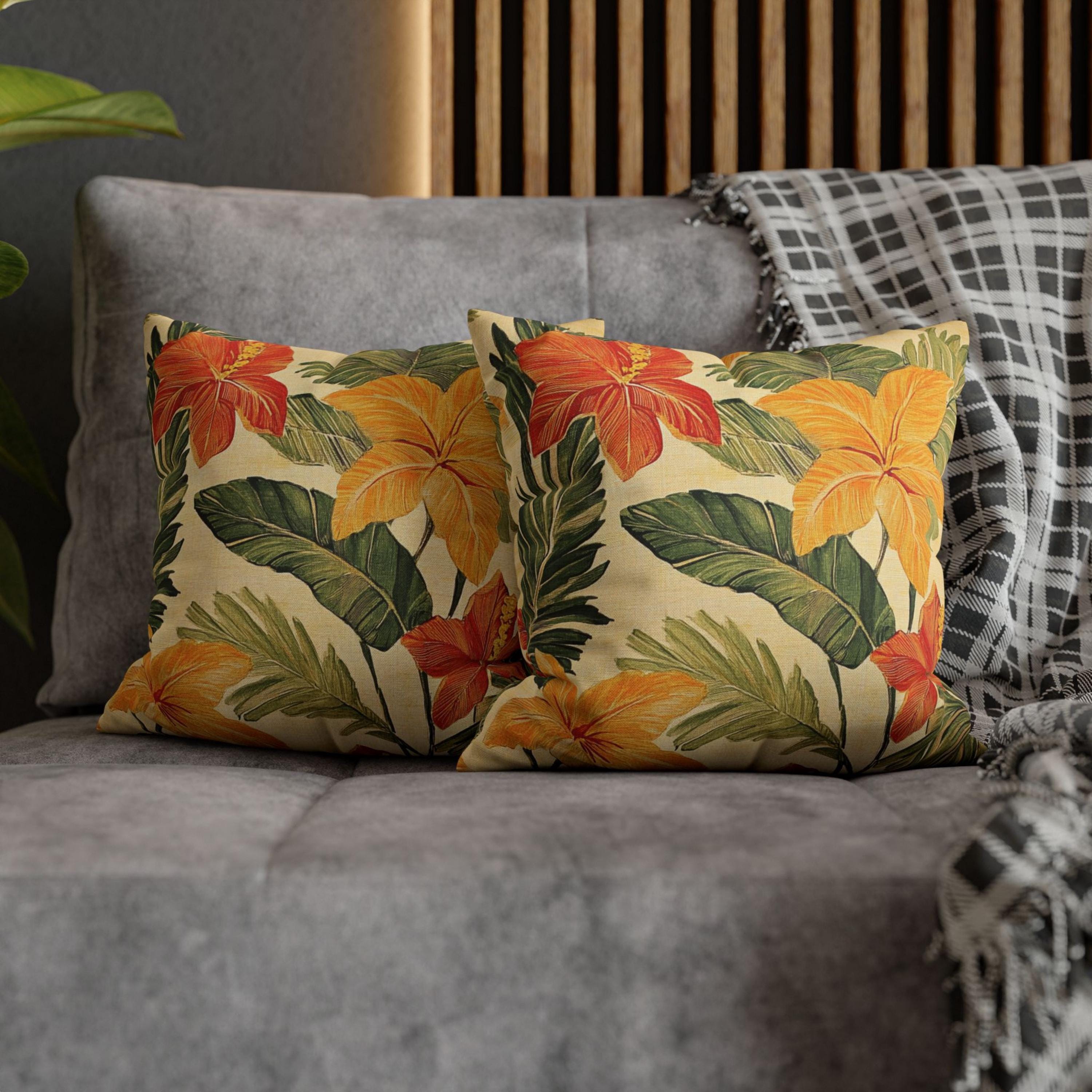 Bold Tropical Floral Pillow, Hibiscus Cushion Cover, Vibrant Jungle Throw Pillow, Island Leaf Home Decor, Warm Beach Accent