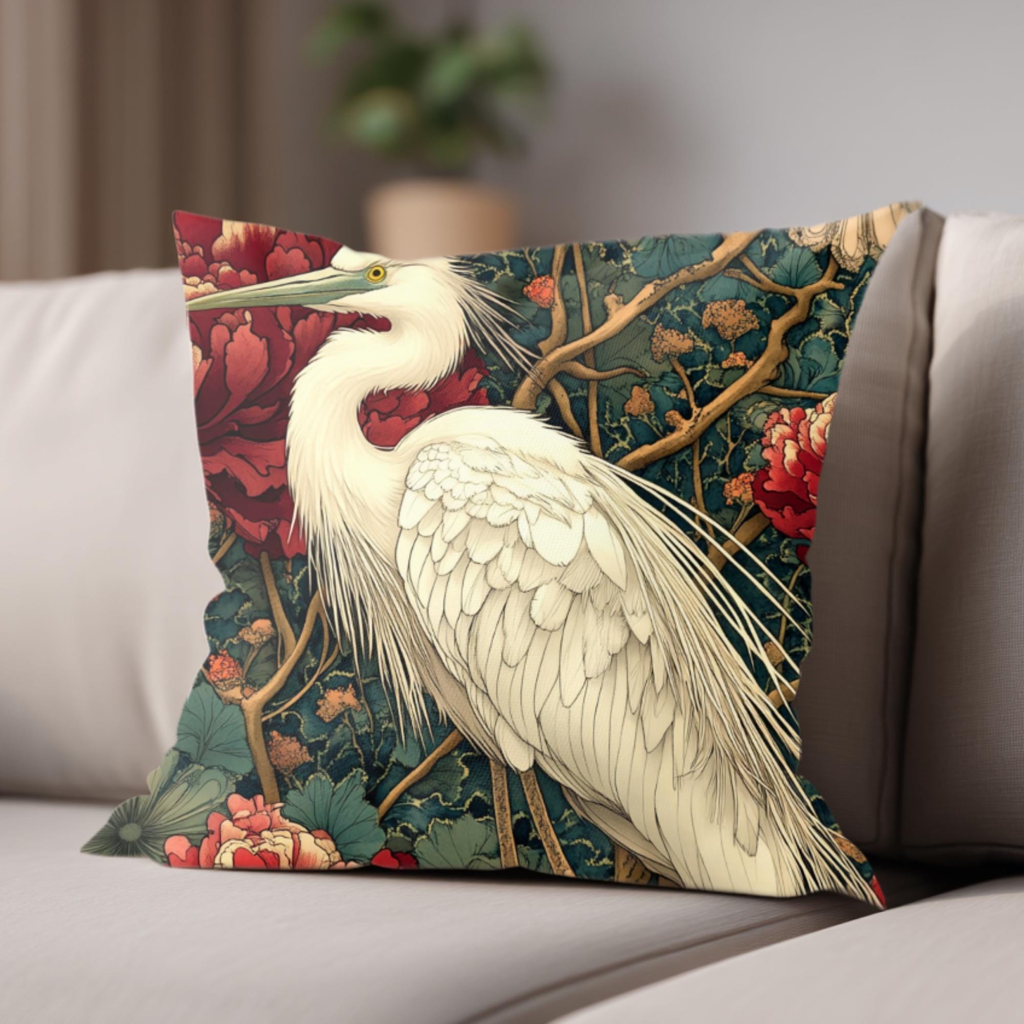 White Egret Peony Pillow, Vintage Botanical Cushion, Art Nouveau Bird Throw Pillow, Floral Pillowcase, Elegant Nature Couch Accent