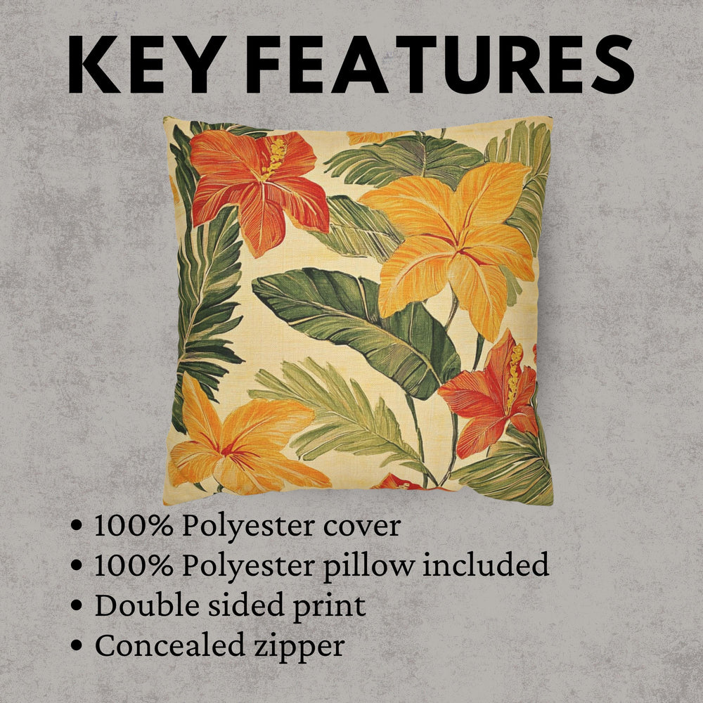 Bold Tropical Floral Pillow, Hibiscus Cushion Cover, Vibrant Jungle Throw Pillow, Island Leaf Home Decor, Warm Beach Accent