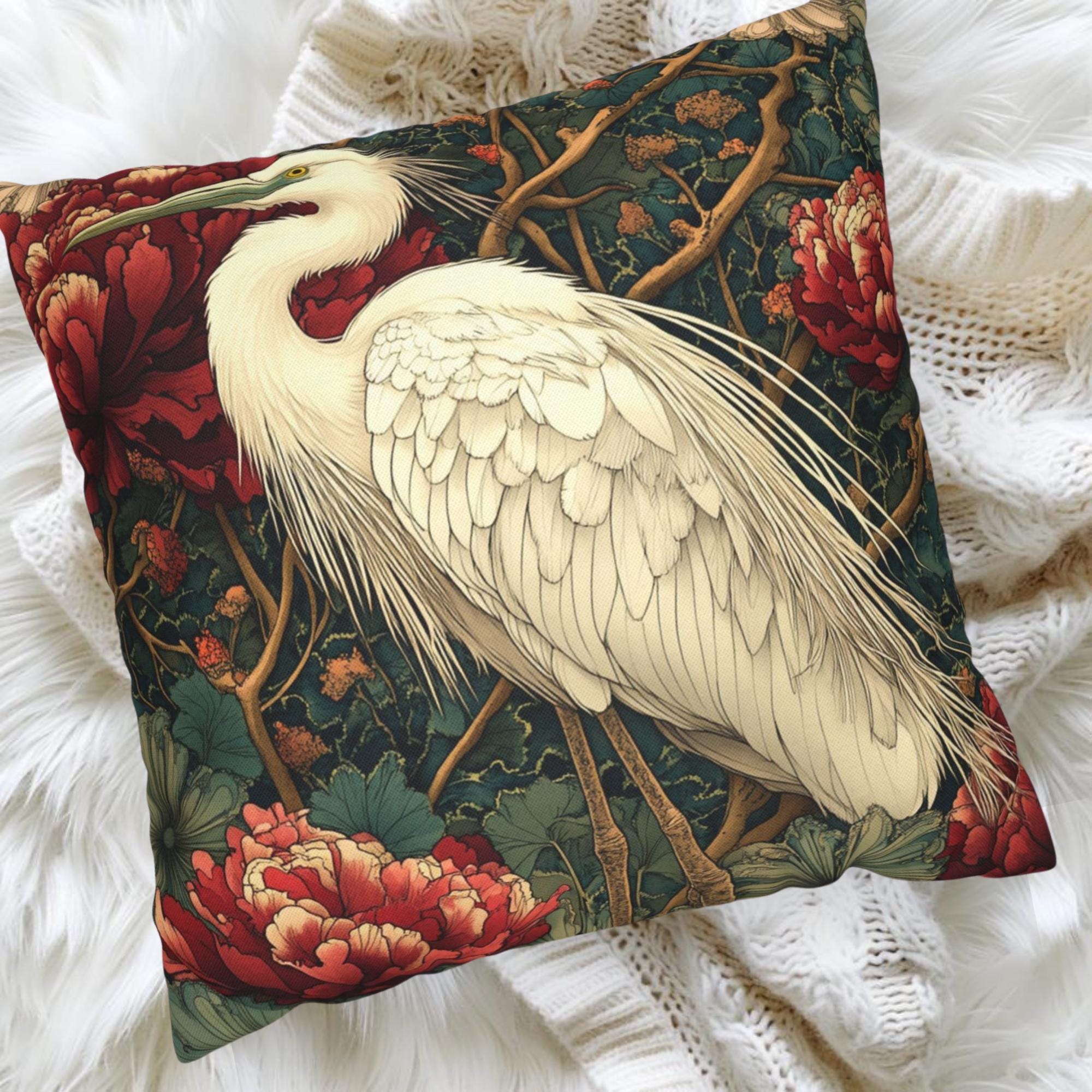 White Egret Peony Pillow, Vintage Botanical Cushion, Art Nouveau Bird Throw Pillow, Floral Pillowcase, Elegant Nature Couch Accent