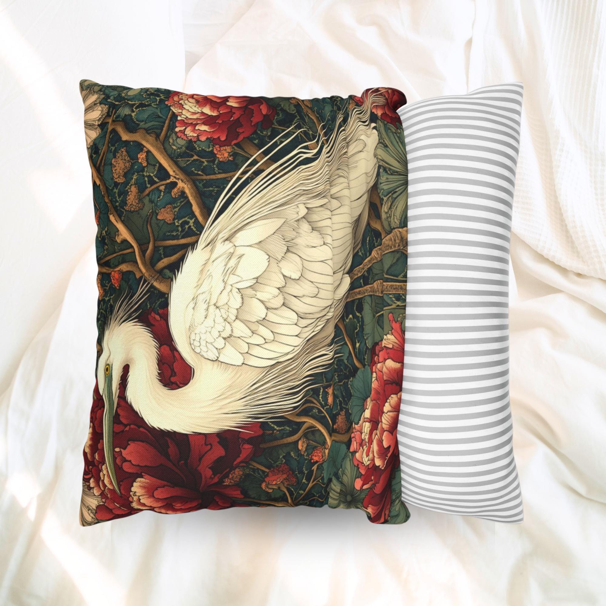White Egret Peony Pillow, Vintage Botanical Cushion, Art Nouveau Bird Throw Pillow, Floral Pillowcase, Elegant Nature Couch Accent