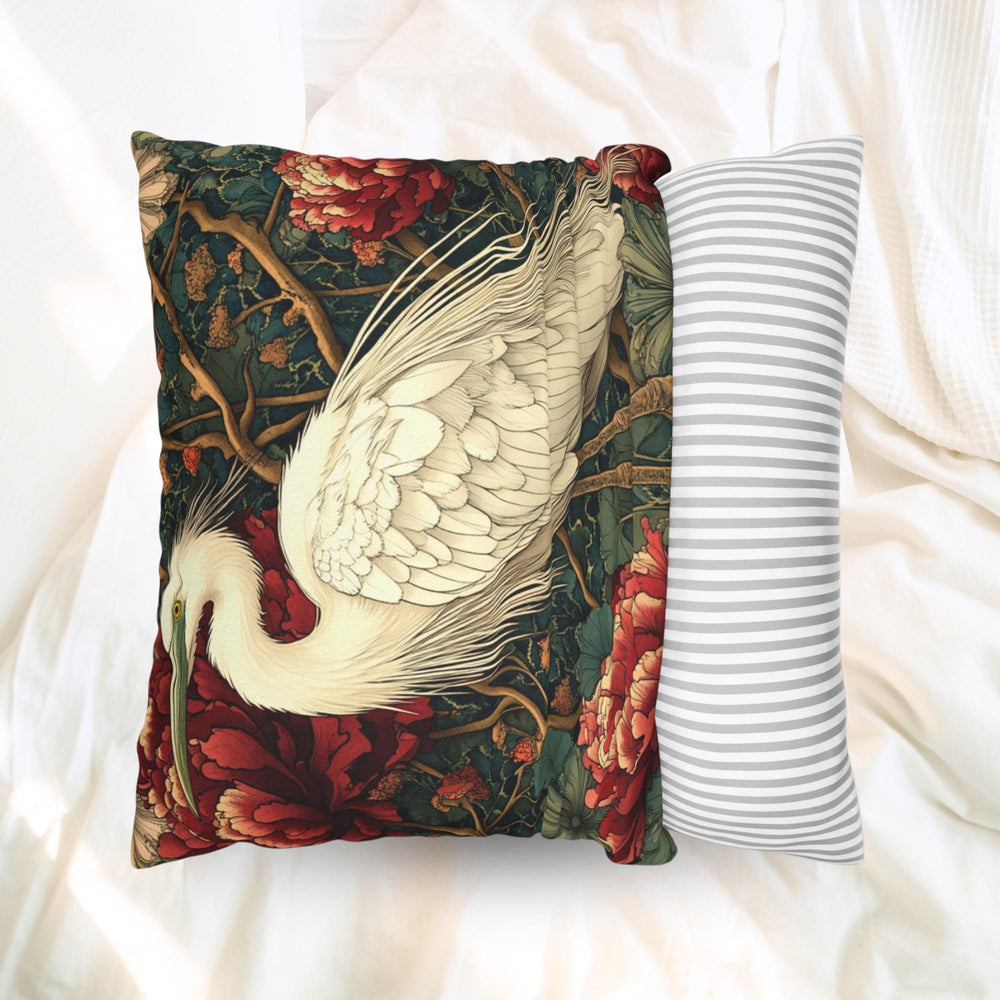 White Egret Peony Pillow, Vintage Botanical Cushion, Art Nouveau Bird Throw Pillow, Floral Pillowcase, Elegant Nature Couch Accent