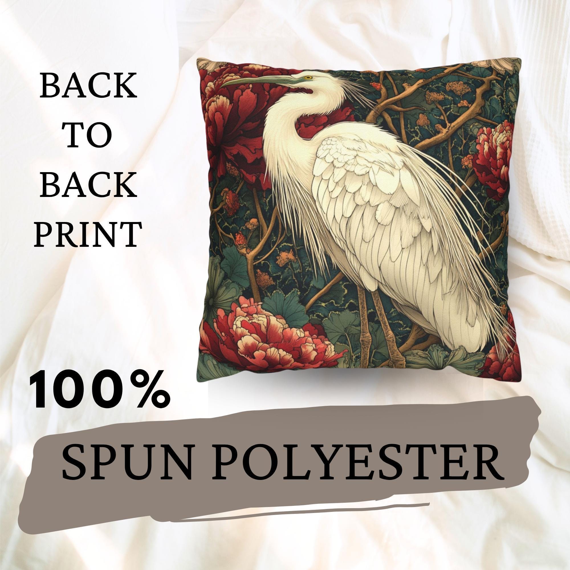 White Egret Peony Pillow, Vintage Botanical Cushion, Art Nouveau Bird Throw Pillow, Floral Pillowcase, Elegant Nature Couch Accent