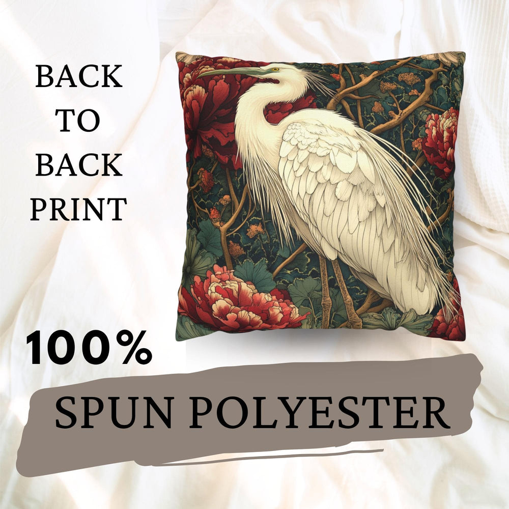 White Egret Peony Pillow, Vintage Botanical Cushion, Art Nouveau Bird Throw Pillow, Floral Pillowcase, Elegant Nature Couch Accent