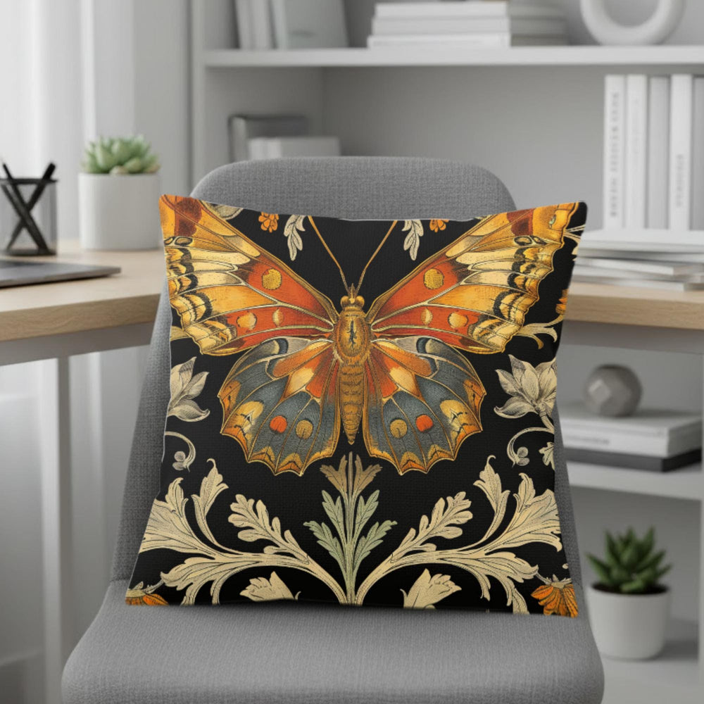 Vintage Monarch Butterfly Pillow, Golden Floral Cushion, William Morris Inspired Throw Pillow, Nature Decor Accent, Garden Room Pillowcase