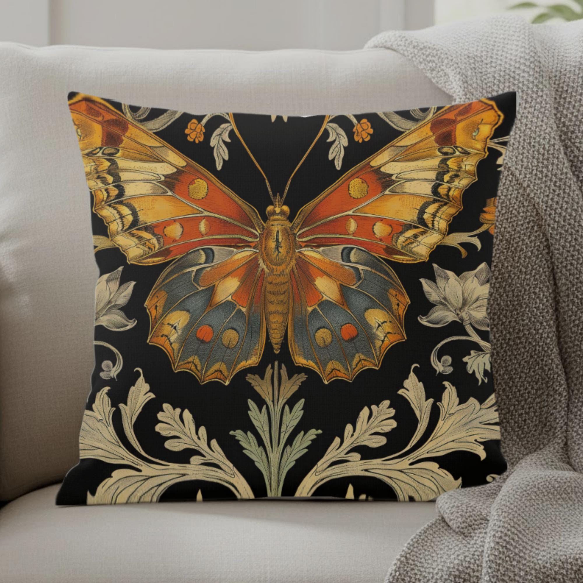 Vintage Monarch Butterfly Pillow, Golden Floral Cushion, William Morris Inspired Throw Pillow, Nature Decor Accent, Garden Room Pillowcase