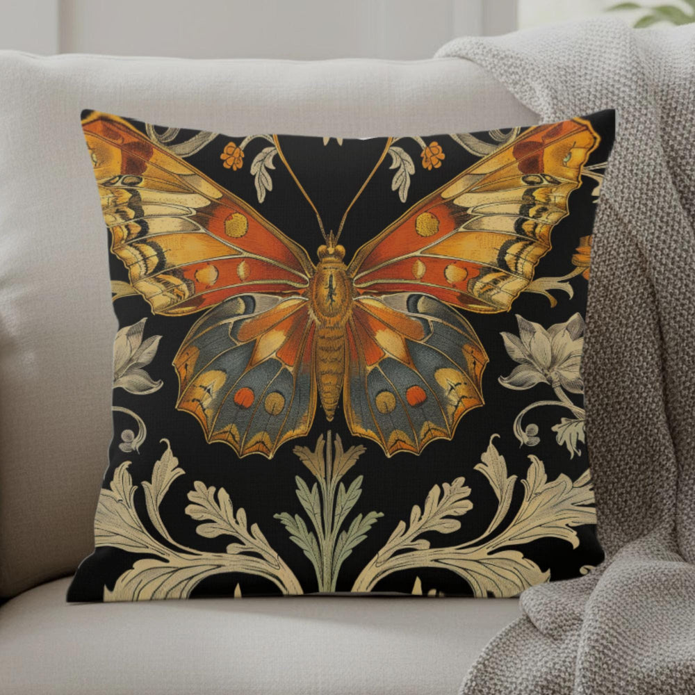 Vintage Monarch Butterfly Pillow, Golden Floral Cushion, William Morris Inspired Throw Pillow, Nature Decor Accent, Garden Room Pillowcase