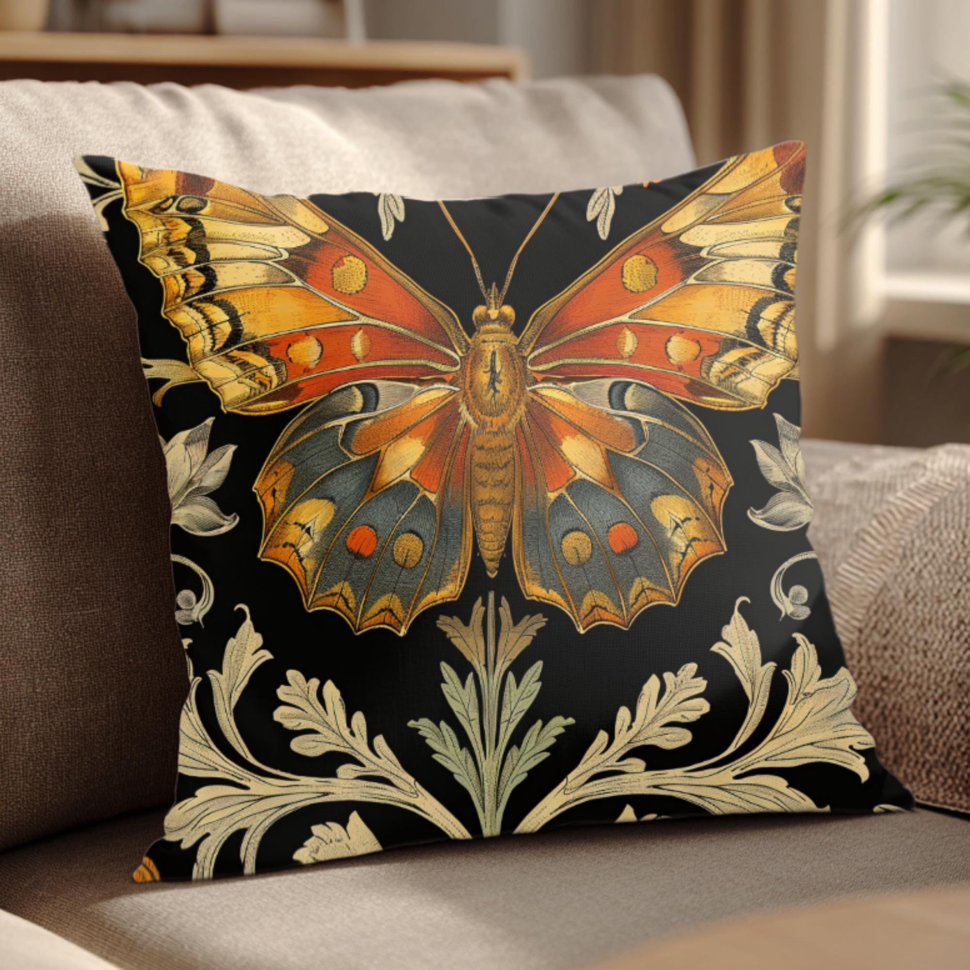 Vintage Monarch Butterfly Pillow, Golden Floral Cushion, William Morris Inspired Throw Pillow, Nature Decor Accent, Garden Room Pillowcase