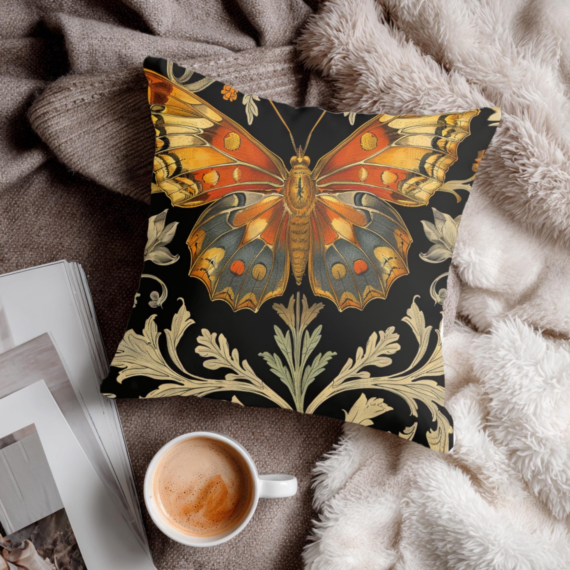 Vintage Monarch Butterfly Pillow, Golden Floral Cushion, William Morris Inspired Throw Pillow, Nature Decor Accent, Garden Room Pillowcase