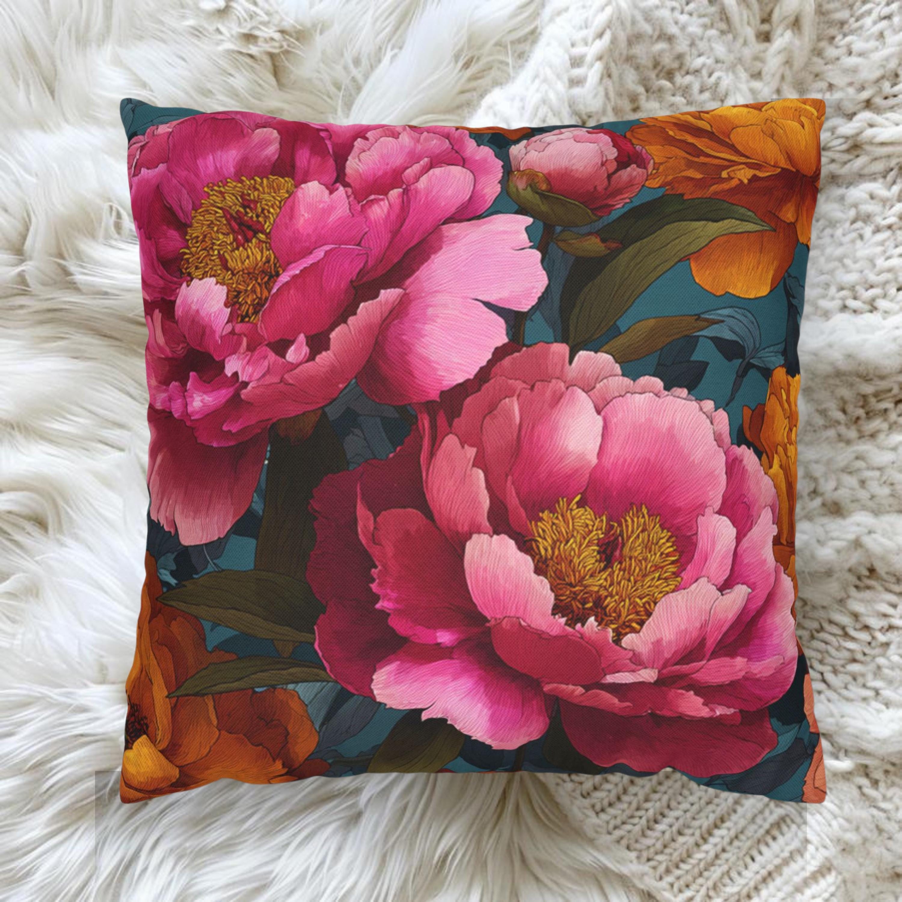 Vibrant Peony Throw Pillow, Pink and Orange Floral Cushion, Bold Botanical Home Decor, Colorful Cottagecore Accent