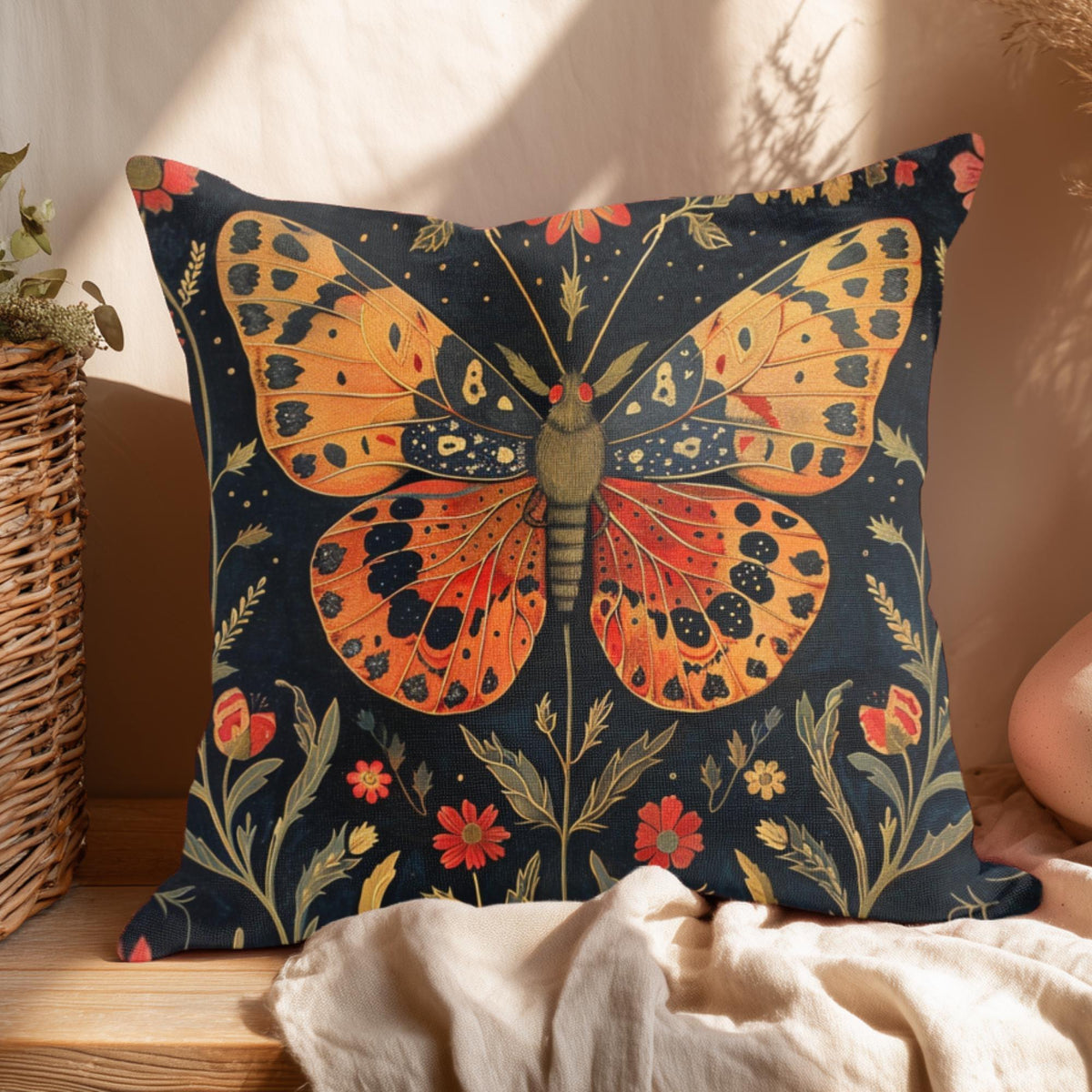 Butterfly Meadow Pillow, Vintage Floral Cushion, William Morris Inspired Throw Pillow, Botanical Insect Pillowcase, Cottagecore Couch Accent