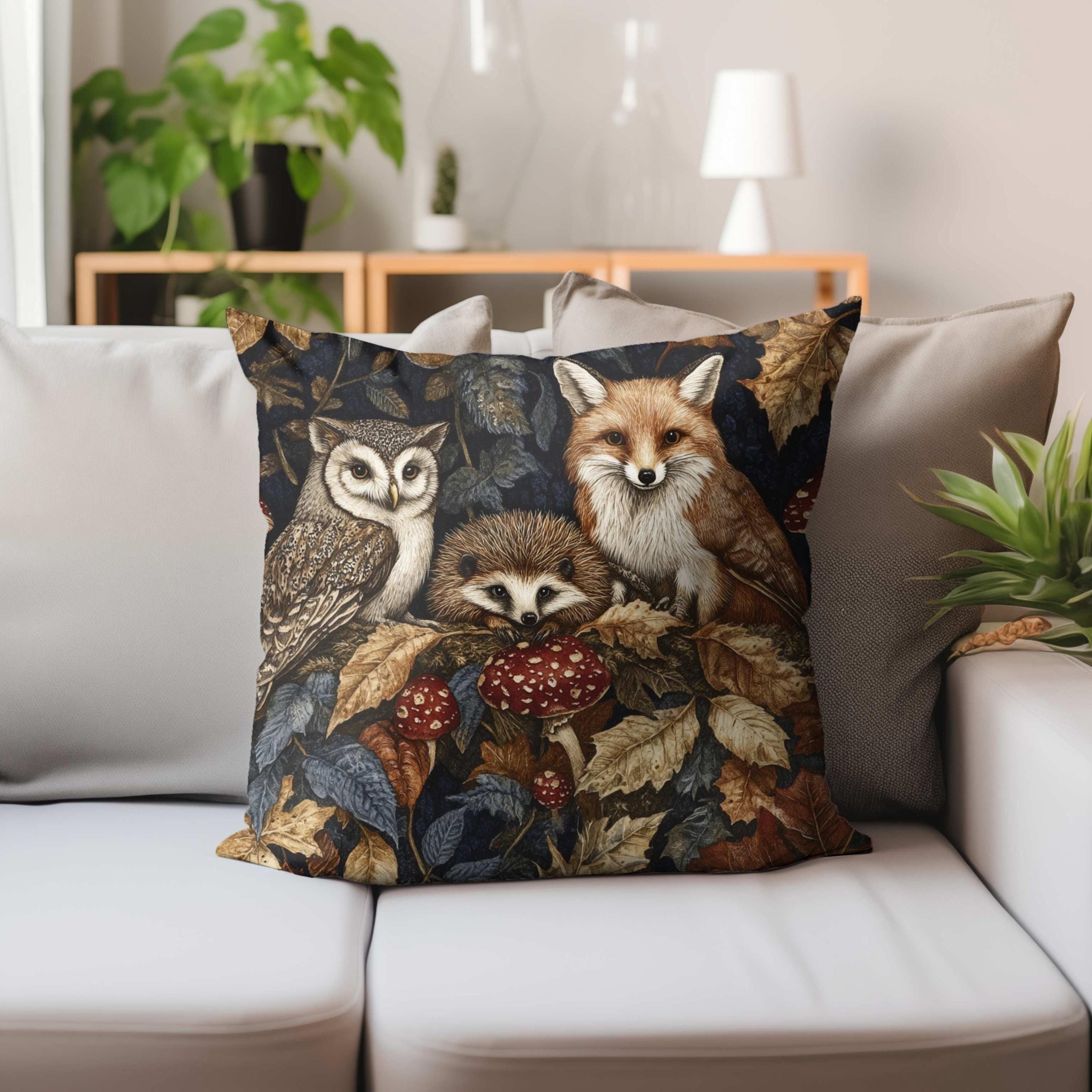 Woodland Animal Throw Pillow, Fox Owl Hedgehog Forest Cushion, Double Sided Print Fall Decor, Polyester Cozy Nature Pillow