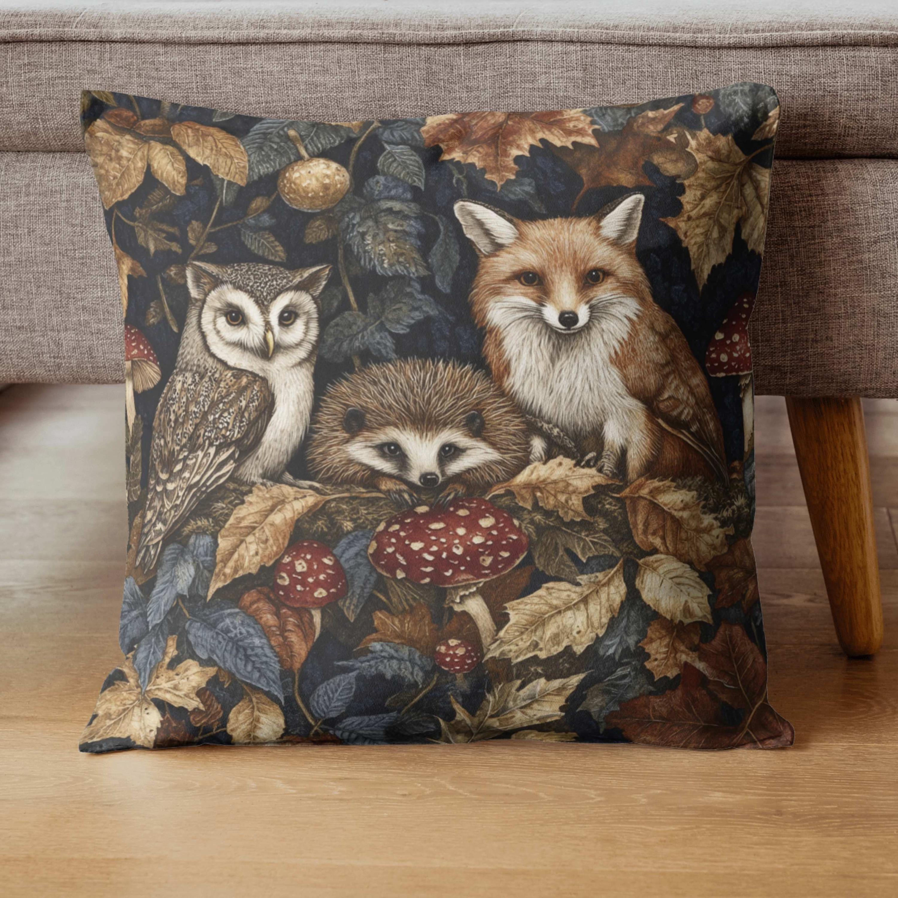 Woodland Animal Throw Pillow, Fox Owl Hedgehog Forest Cushion, Double Sided Print Fall Decor, Polyester Cozy Nature Pillow