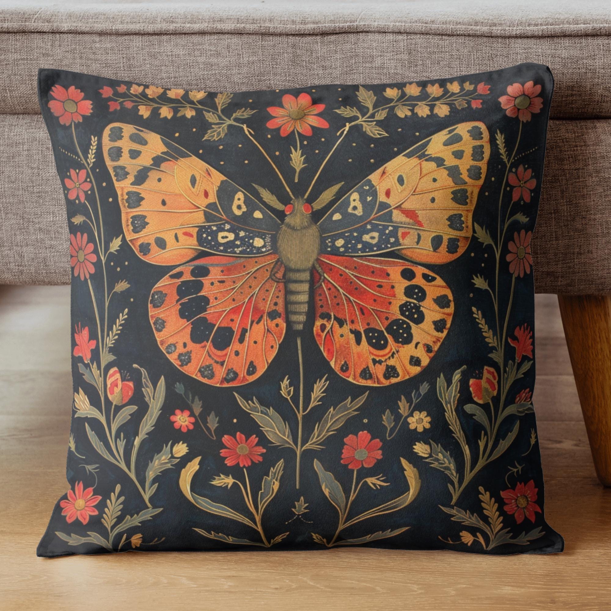 Butterfly Meadow Pillow, Vintage Floral Cushion, William Morris Inspired Throw Pillow, Botanical Insect Pillowcase, Cottagecore Couch Accent