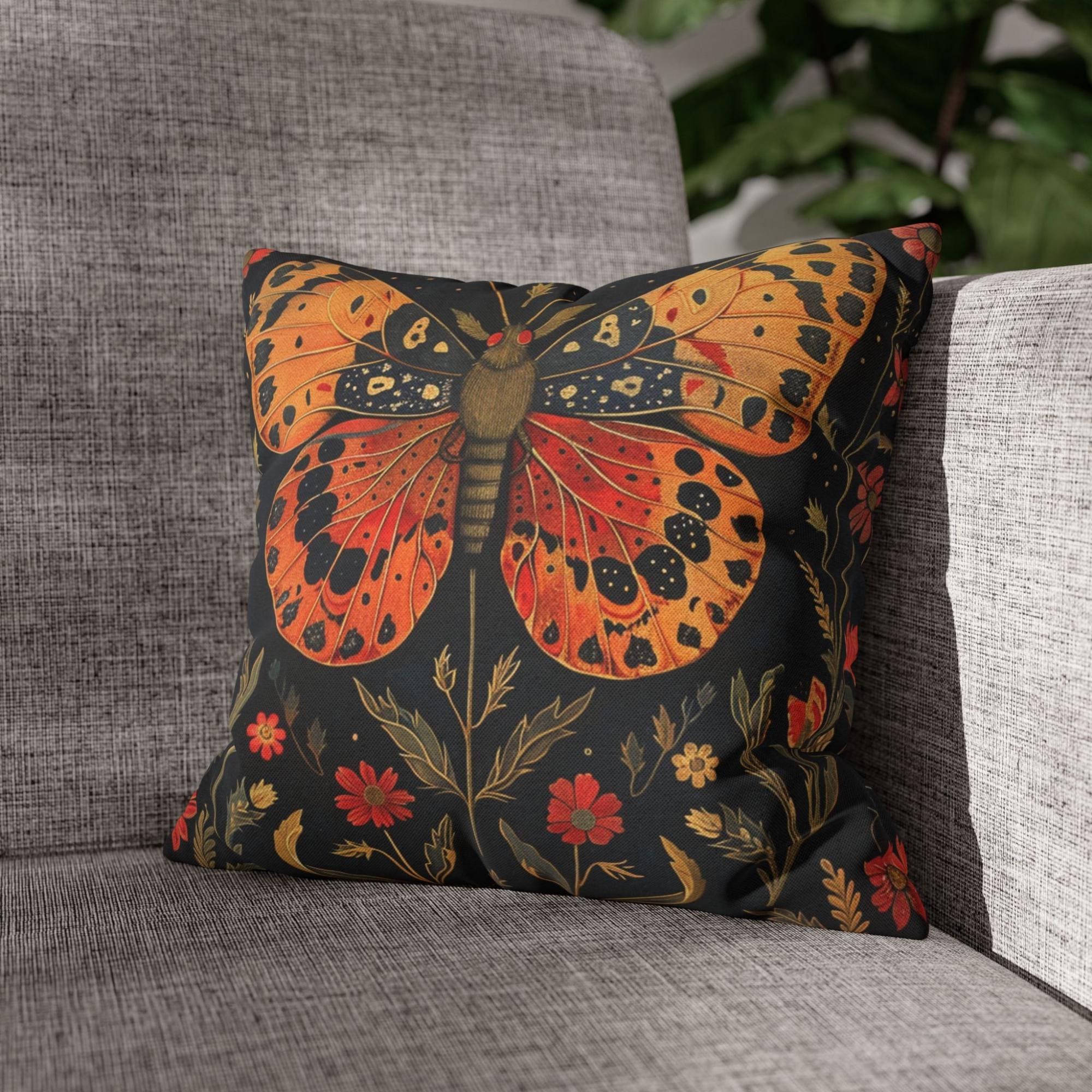 Butterfly Meadow Pillow, Vintage Floral Cushion, William Morris Inspired Throw Pillow, Botanical Insect Pillowcase, Cottagecore Couch Accent