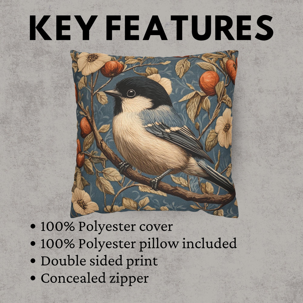 Vintage Bluebird Floral Pillow Cover, William Morris Style Cushion, Cottagecore Home Decor, Rustic Botanical Throw, Nature Inspired Accent