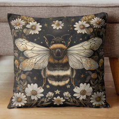 Golden Bee Pillow, Vintage Garden Cushion, Bumblebee Floral Throw Pillow, Nature-Inspired Gold Botanical Pillowcase, Cottagecore Decor