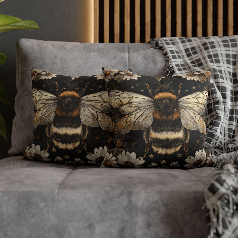 Golden Bee Pillow, Vintage Garden Cushion, Bumblebee Floral Throw Pillow, Nature-Inspired Gold Botanical Pillowcase, Cottagecore Decor