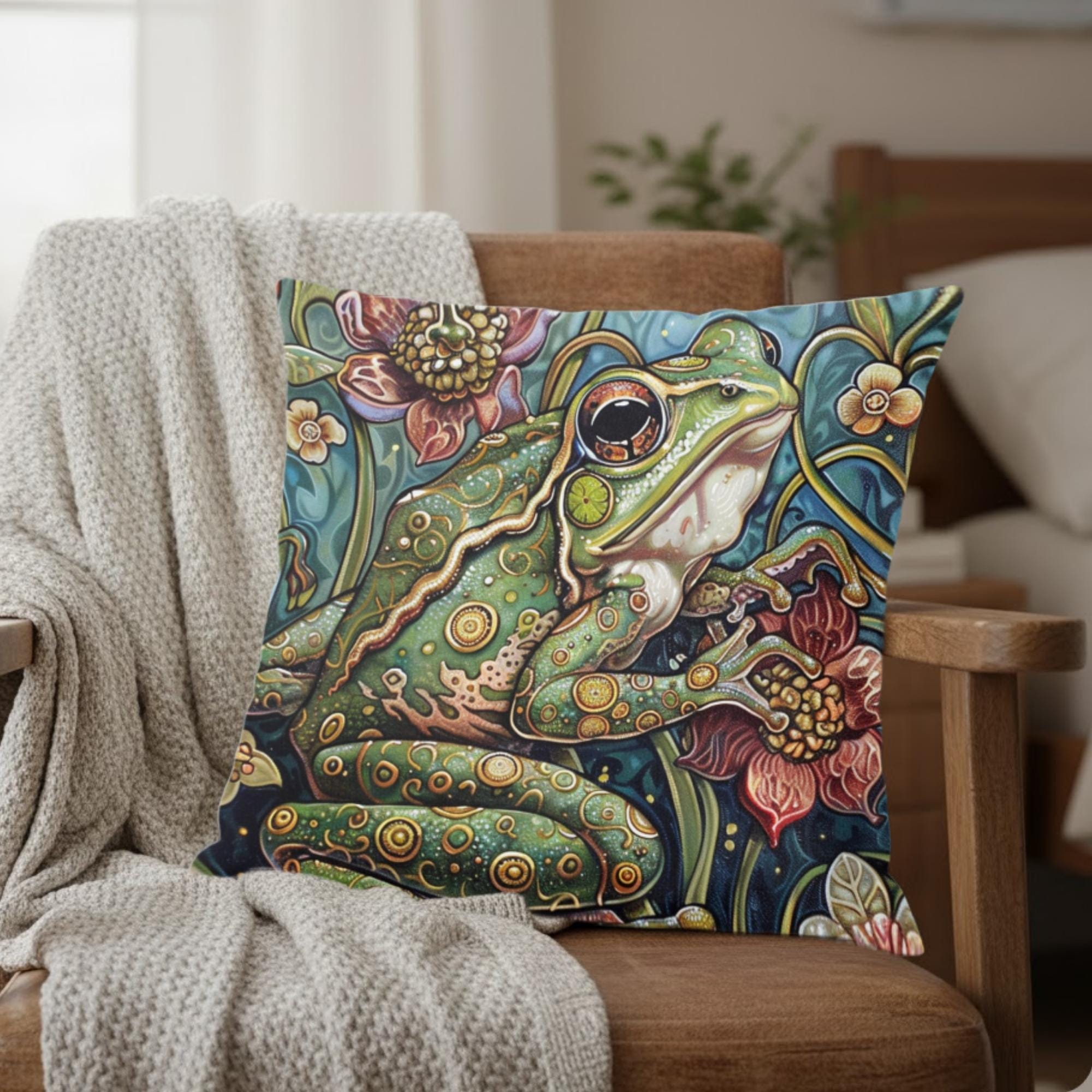 Whimsical Frog Pillow, Botanical Garden Cushion, Forest Nature Inspired Throw Pillow, William Morris Frog Pillowcase, Animal Couch Accent